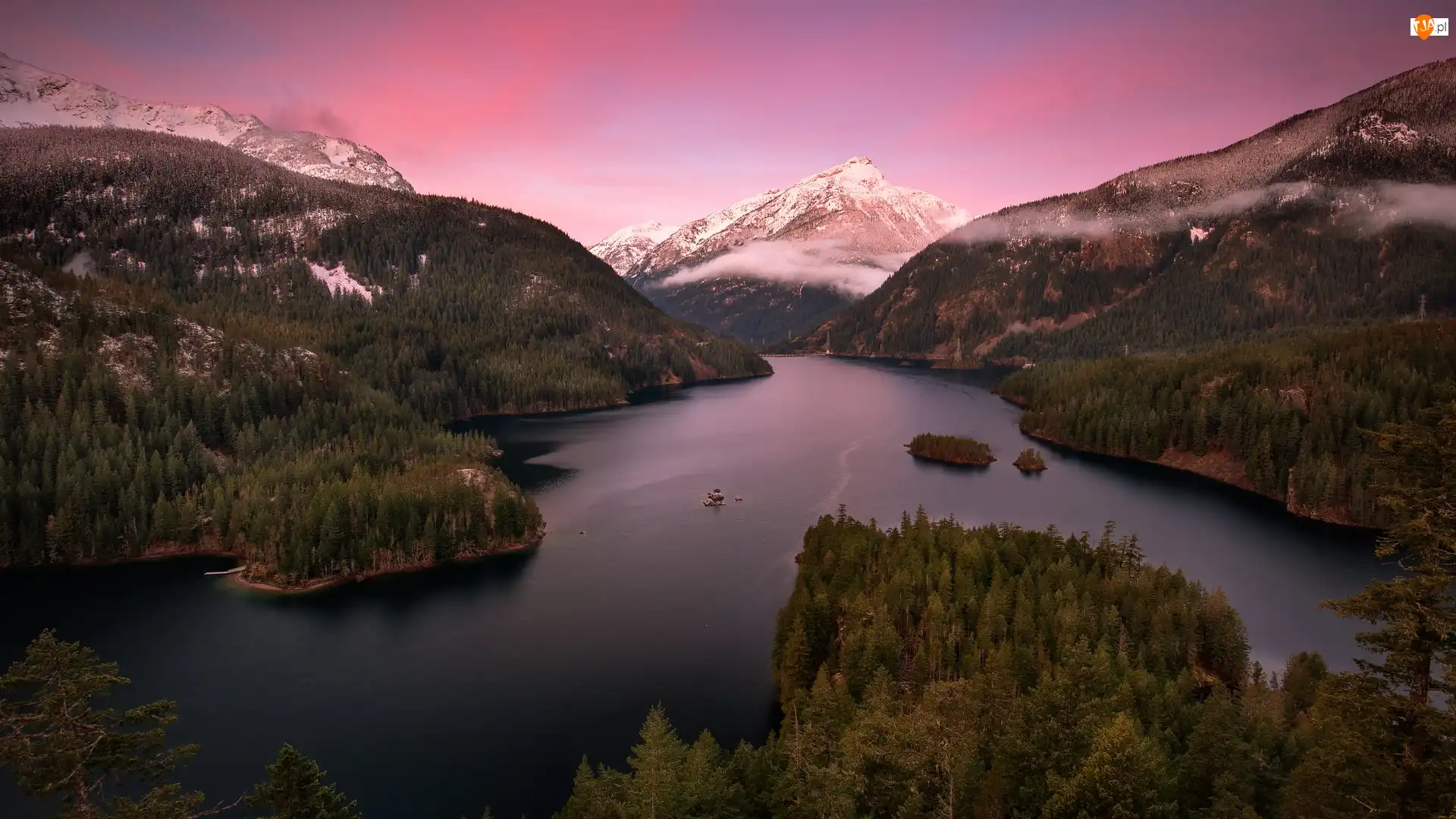 Jezioro, Diablo Lake, Stany Zjednoczone, Góry, Stan Waszyngton, Park Narodowy Północnych Gór Kaskadowych, Drzewa