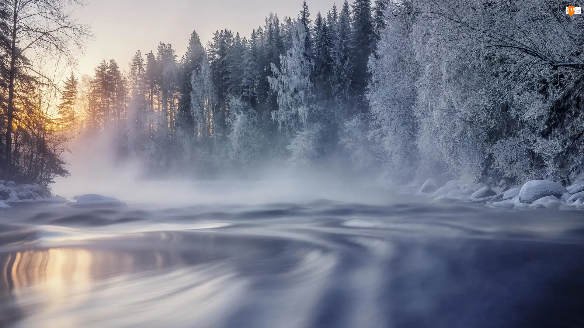 Ośnieżone, Drzewa, Finlandia, Rzeka, Zima, Mgła, Las