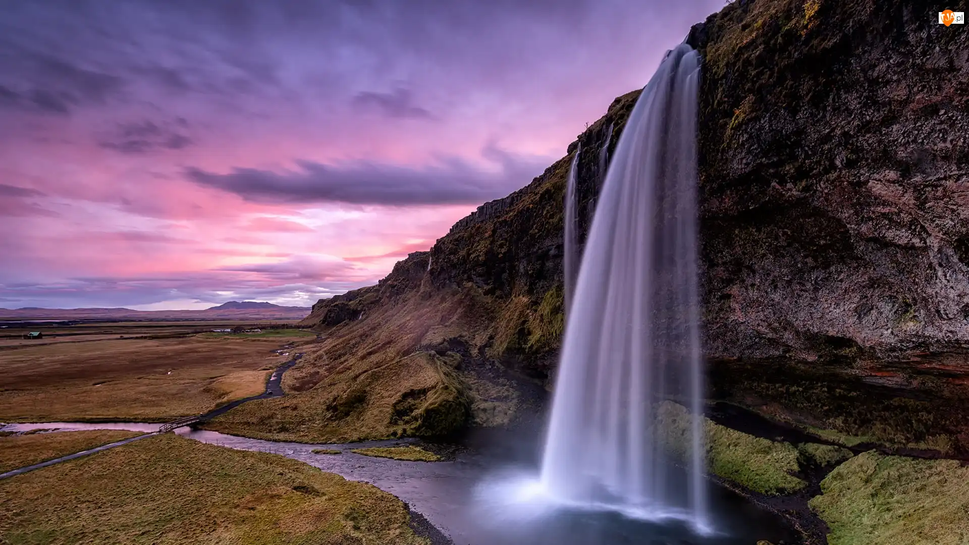 Skała, Chmury, Wodospad Seljalandsfoss, Islandia, Rzeka