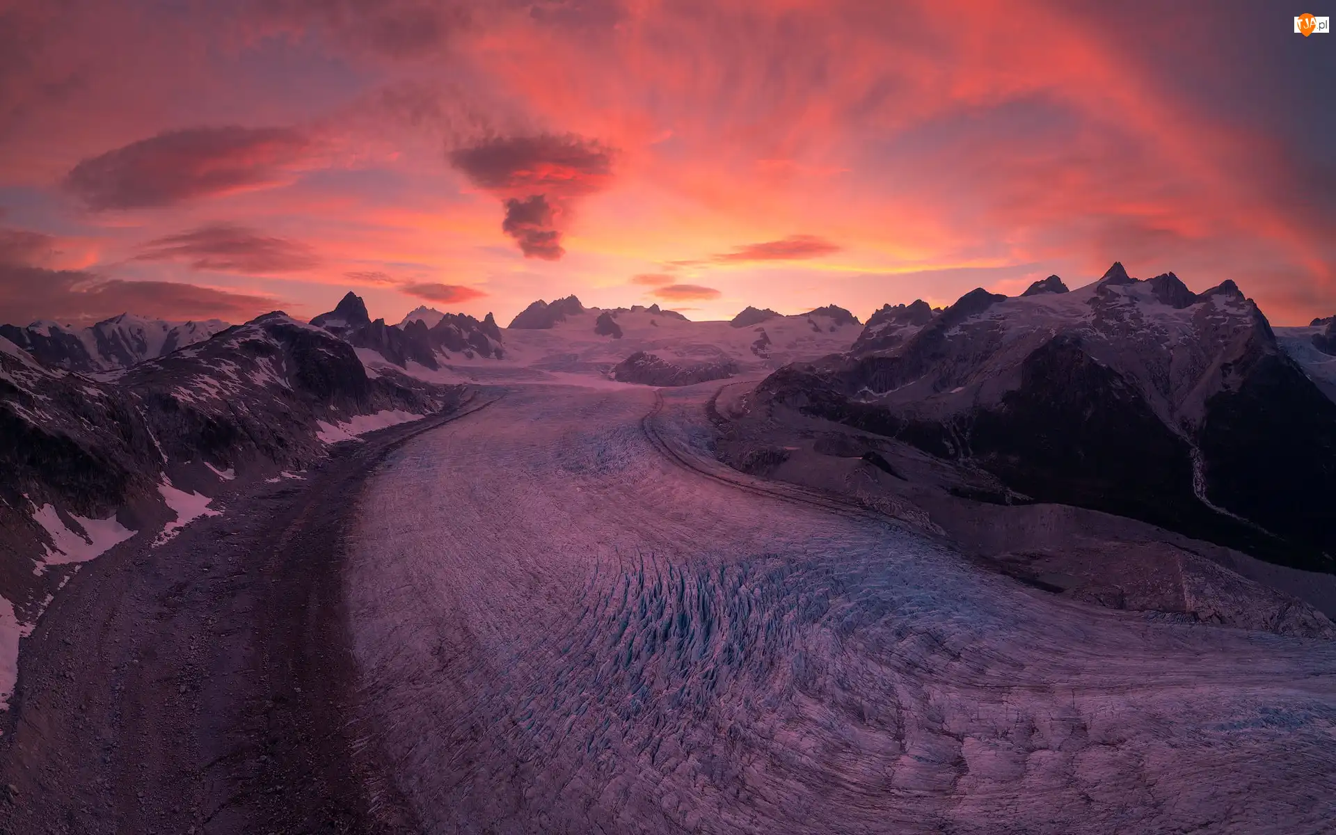 Park Narodowy Kluane, Zima, Góry, Kolumbia Brytyjska, Lodowiec, Zachód słońca, Kanada, Kaskawulsh Glacier
