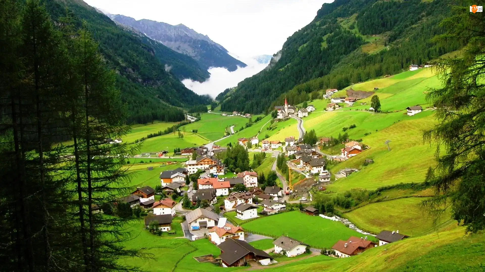 Lasy, Austria, Góry, Domy, Alpy