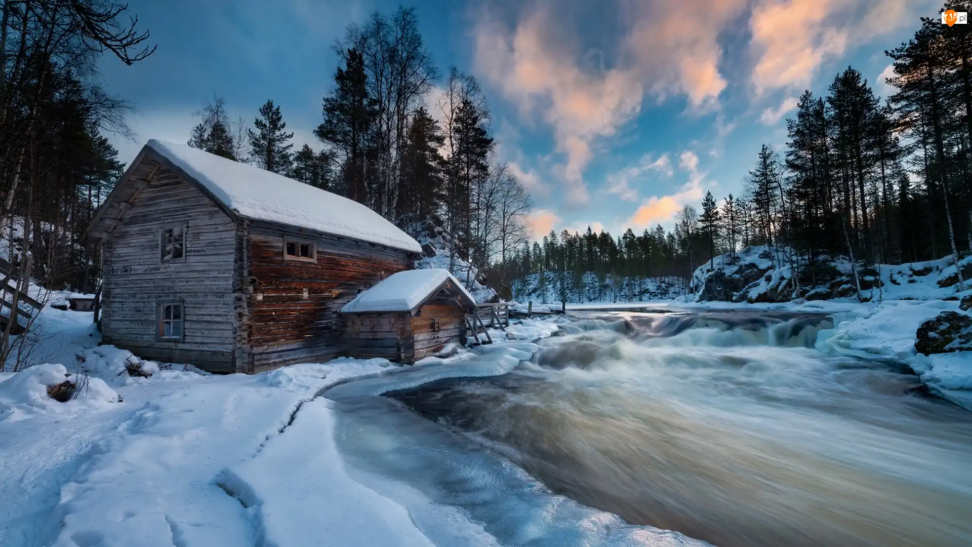 Gmina Kuusamo, Młyn Myllykoski, Zima, Laponia, Rzeka, Park Narodowy Oulanka, Finlandia, Drzewa