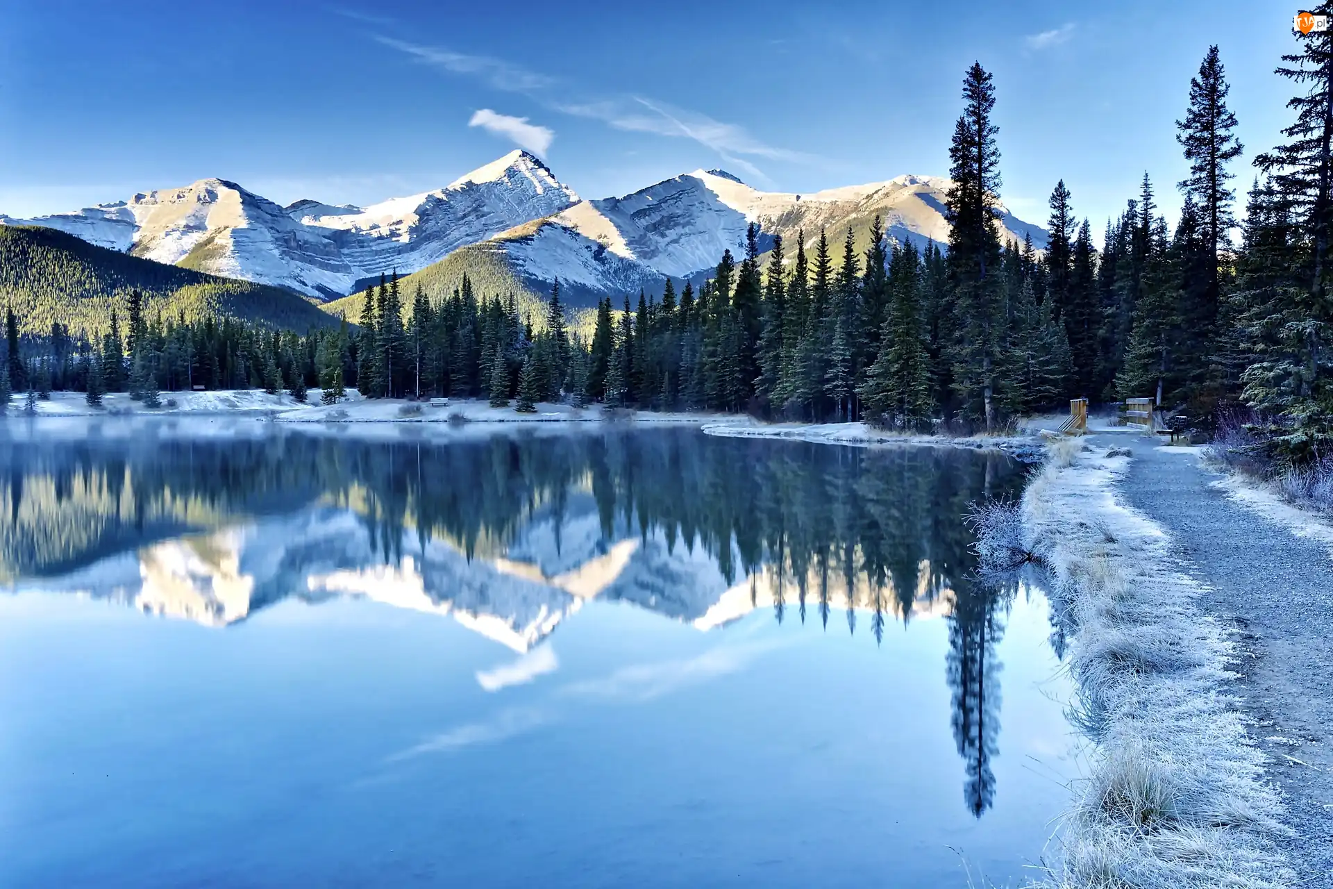 Alberta, Jezioro Kananaskis, Zima, Kanada, Droga, Lasy, Góry