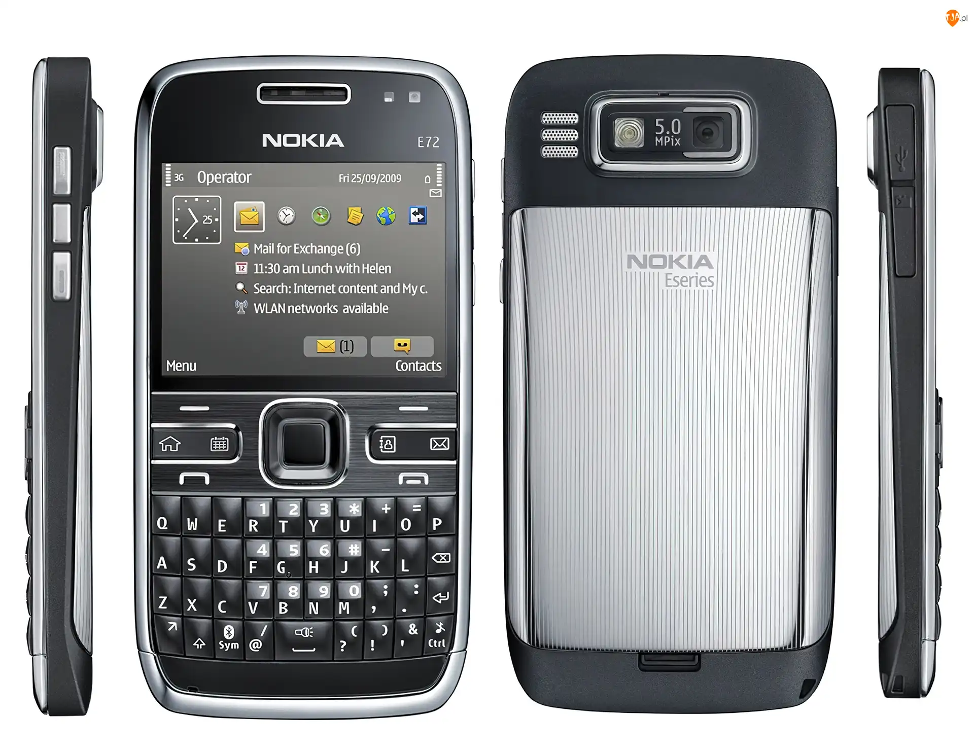 Czarna, Nokia E72, Przód, Boki, Srebrna, Tył