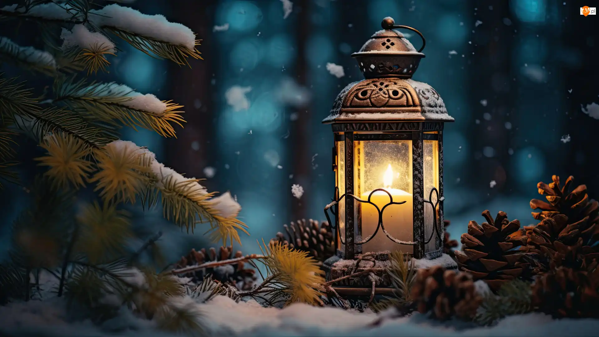 Szyszki, Śnieg, Lampion, Zima, Gałązki