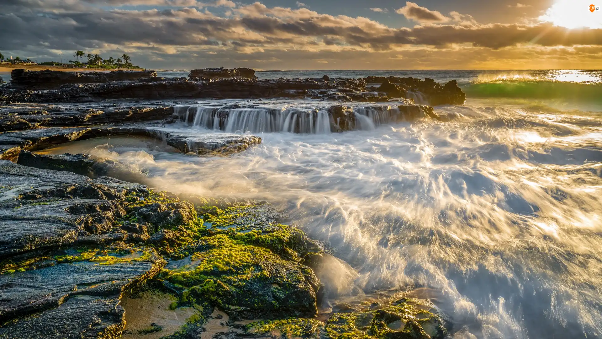 Skały, Zachód słońca, Ocean Spokojny, Hawaje, Morze