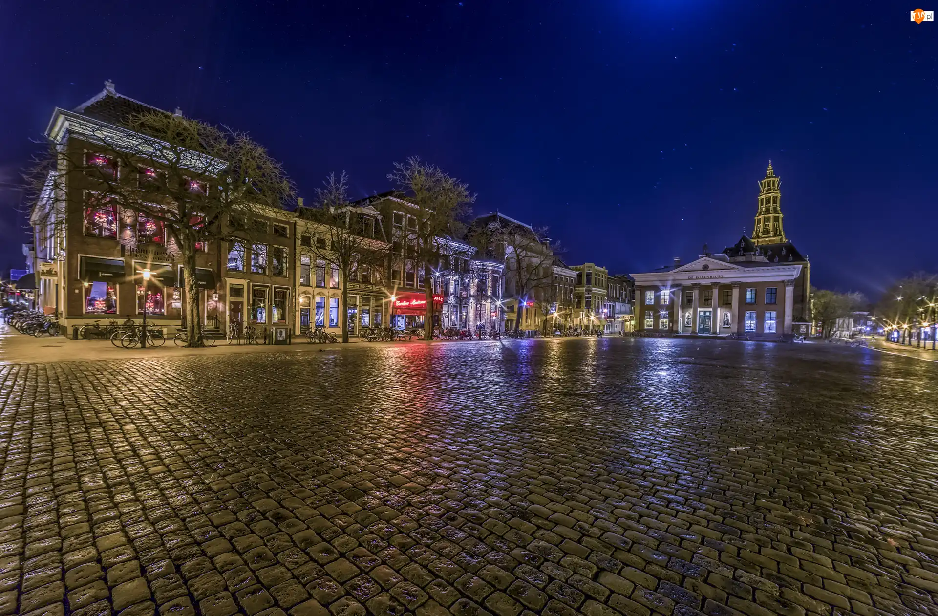 Miasto, Groningen, Światła, Holandia, Noc, Plac, Domy