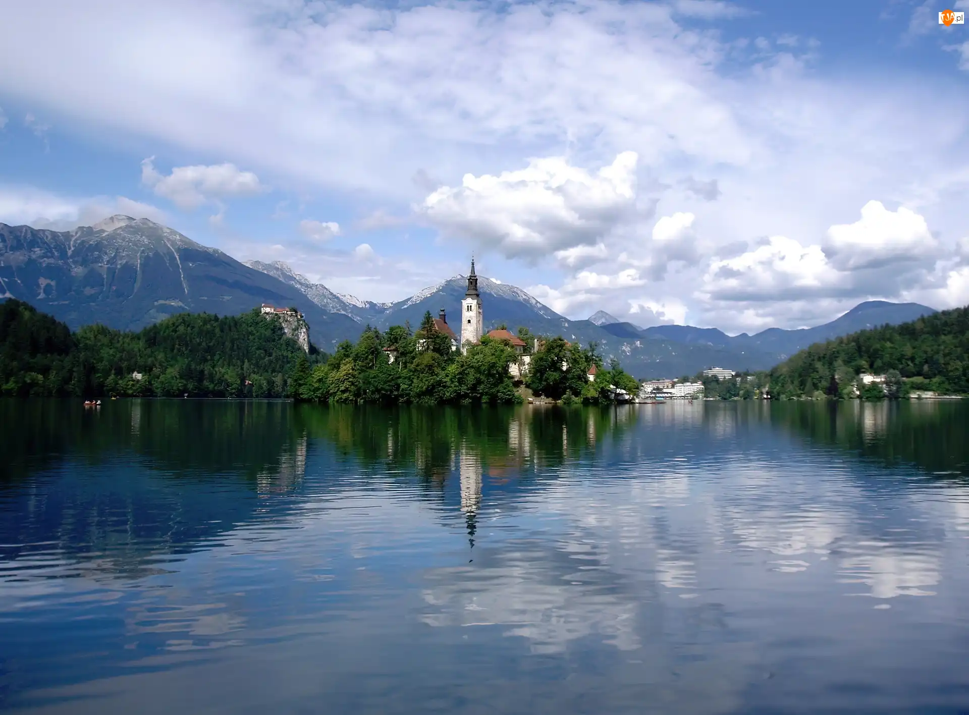 Jezioro, Słowenia, Góry, Kóściół, Bled