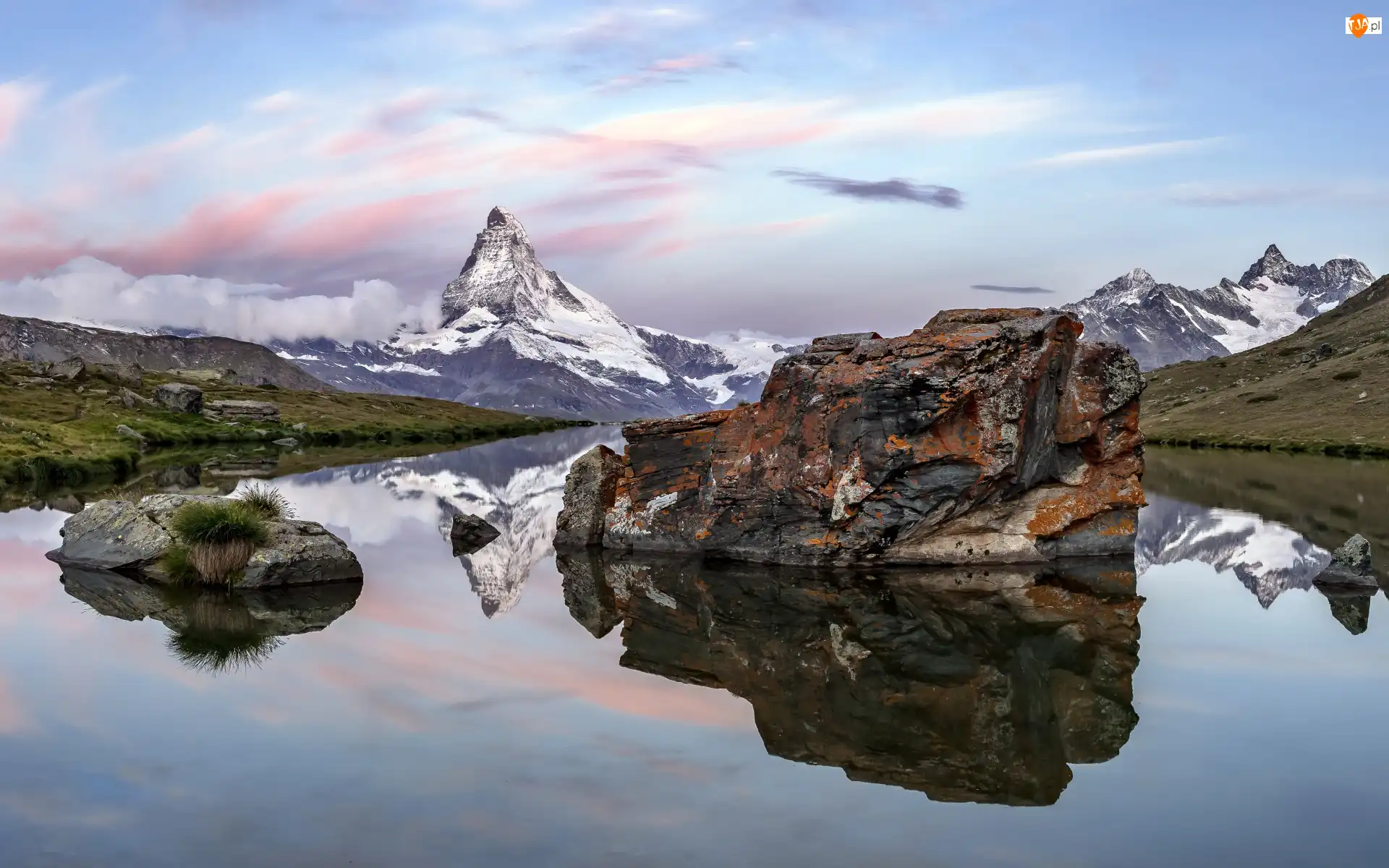 Miejscowość, Góry, Skały, Zermatt, Alpy, Odbicie, Szwajcaria, Szczyt Matterhorn Jezioro Stellisee