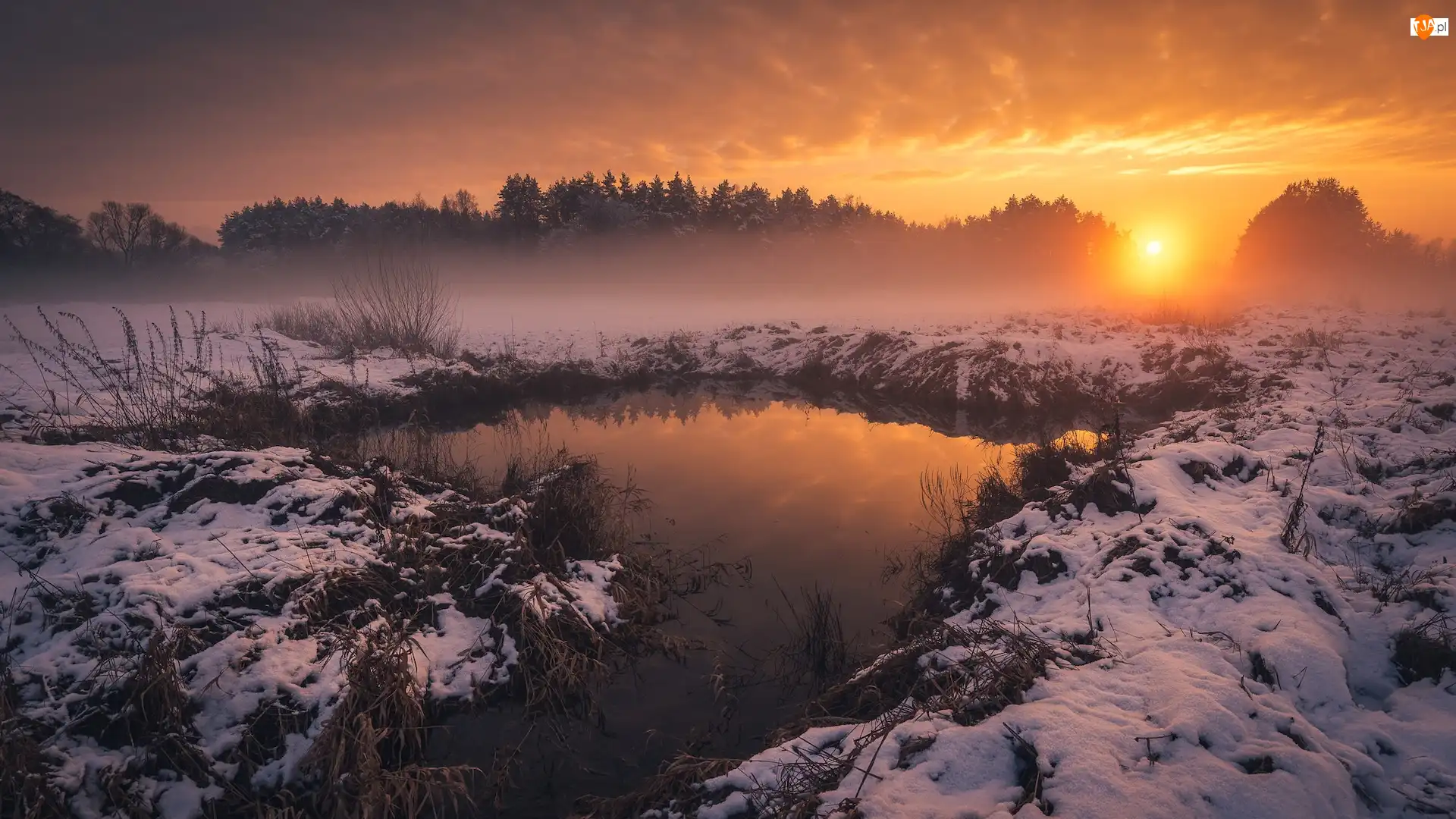 Śnieg, Zachód słońca, Zima, Rzeka