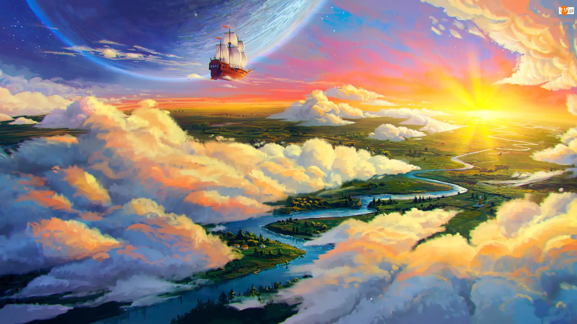 Chmury, Fantasy, Słońce, Statek, Niebo, Rzeka