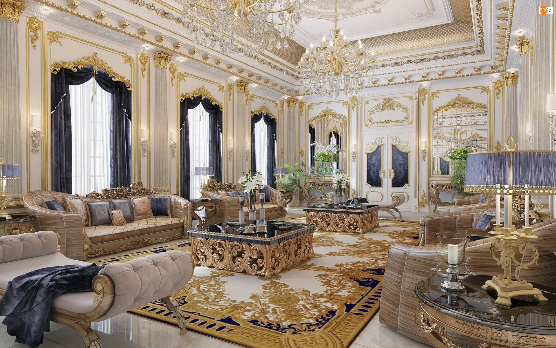 Salon, Kanapa, Dywan, Stylowy, Okna, Żyrandol, Sofa