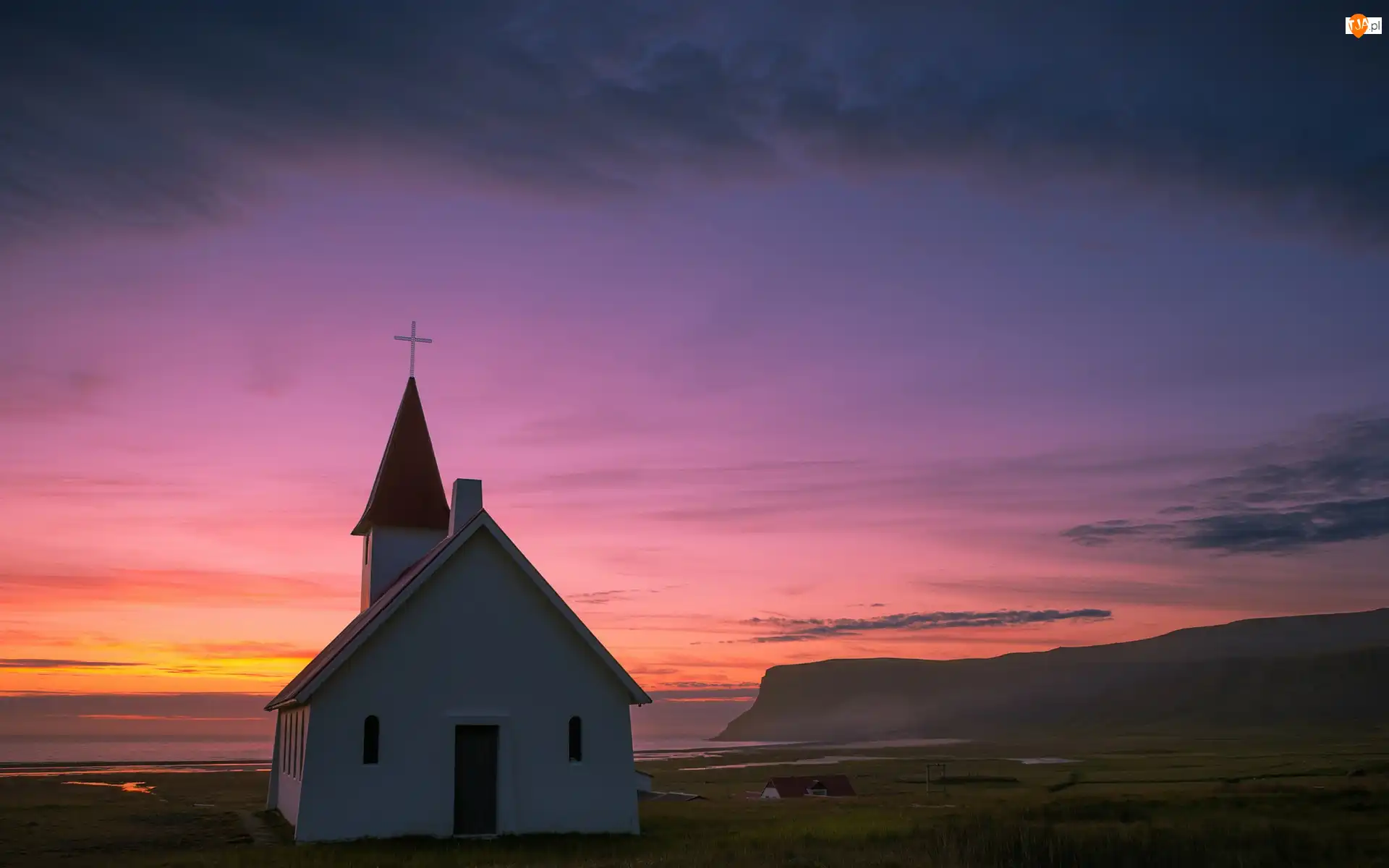 Kościół, Słońca, Wybrzeże, Islandia, Zachód