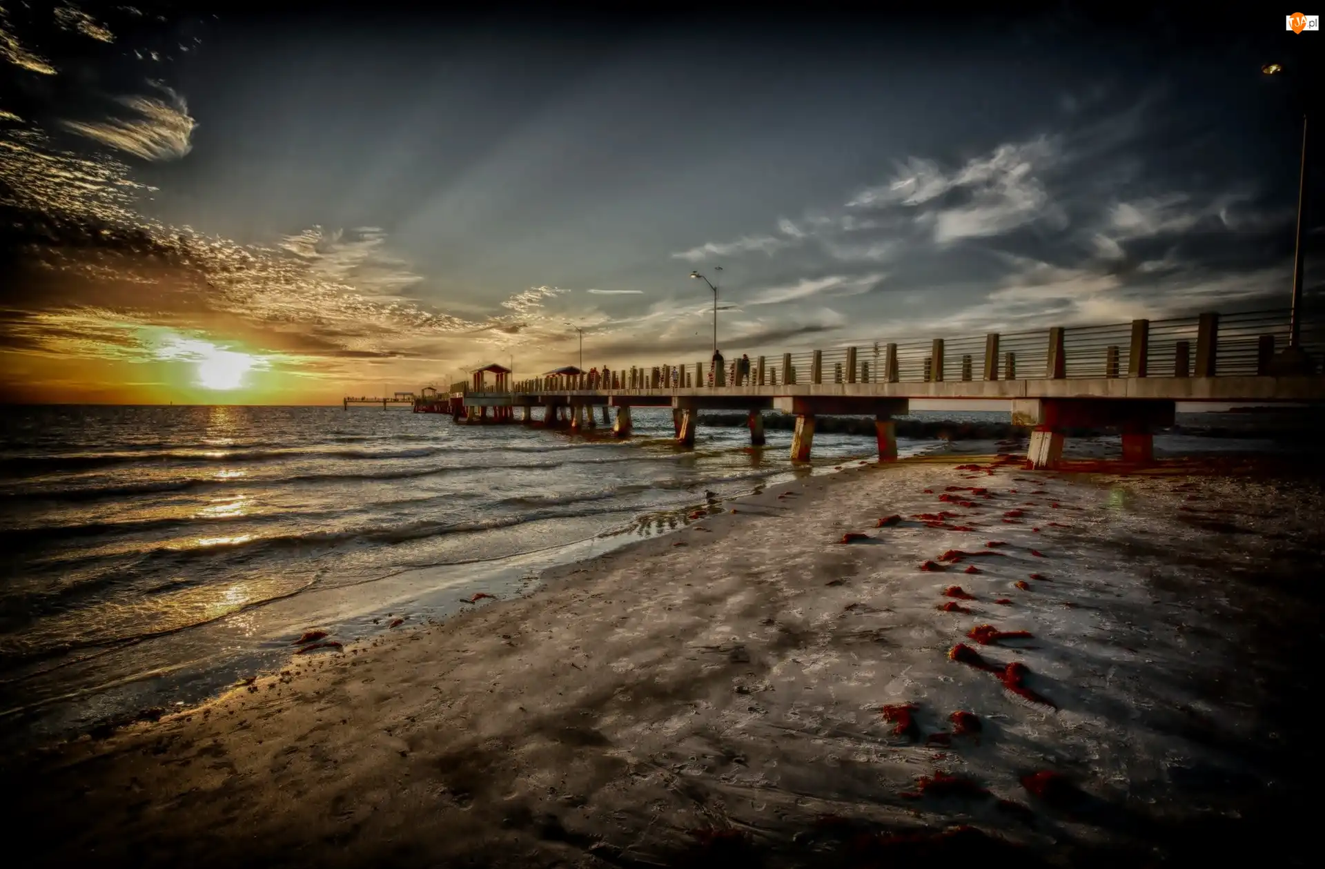Plaża, Światło, Molo, Morze, Przebijające