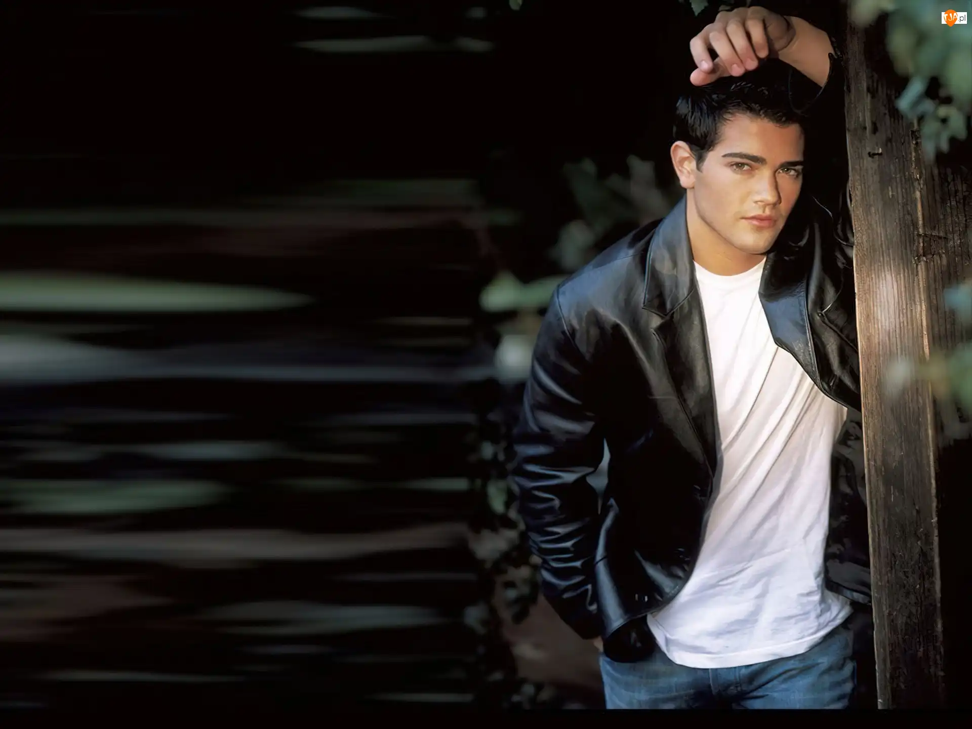 biała koszulka, Jesse Metcalfe, czarna kurtka