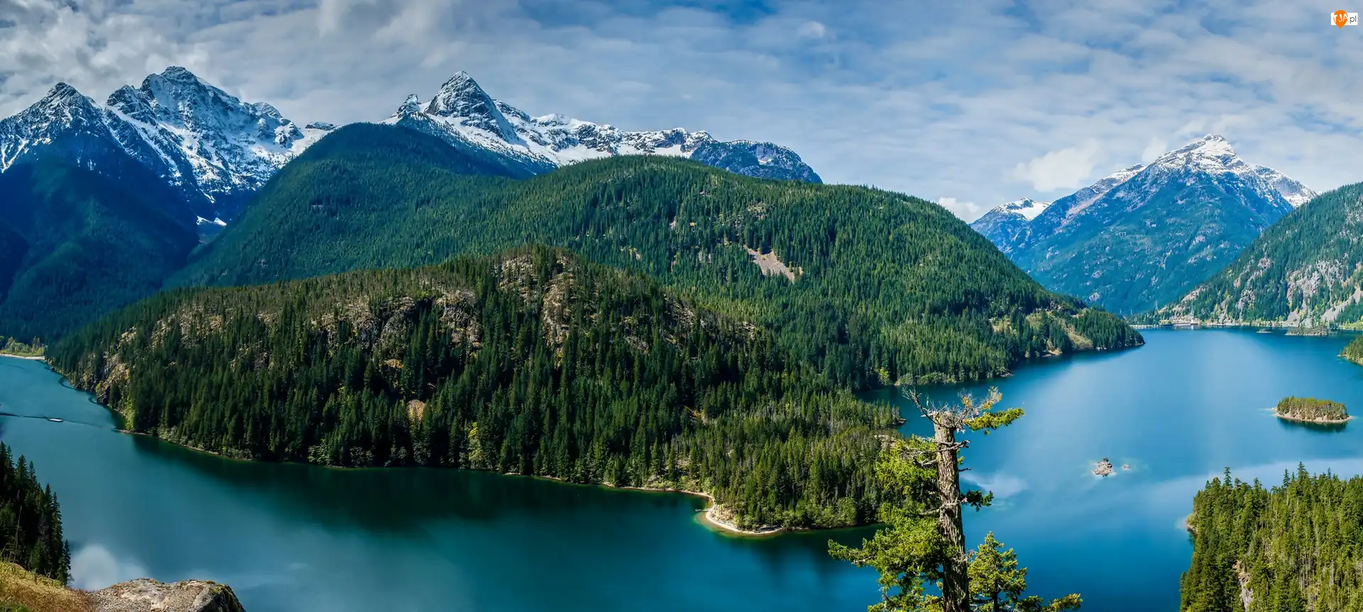 Stan Waszyngton, Park Narodowy Północnych Gór Kaskadowych, Panorama, Stany Zjednoczone, Lasy, Góry, Jezioro Diablo Lake
