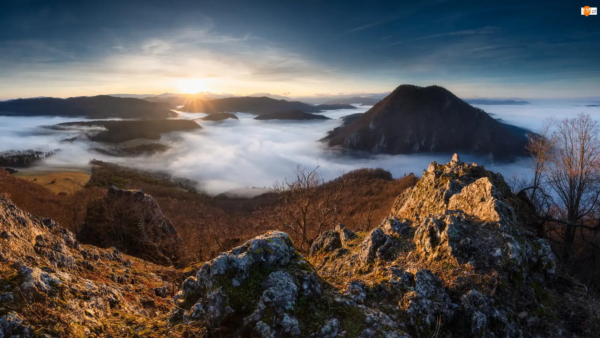 Góry, Sulowskie Wierchy, Słowacja, Wschód słońca, Krzewy, Mgła, Skały