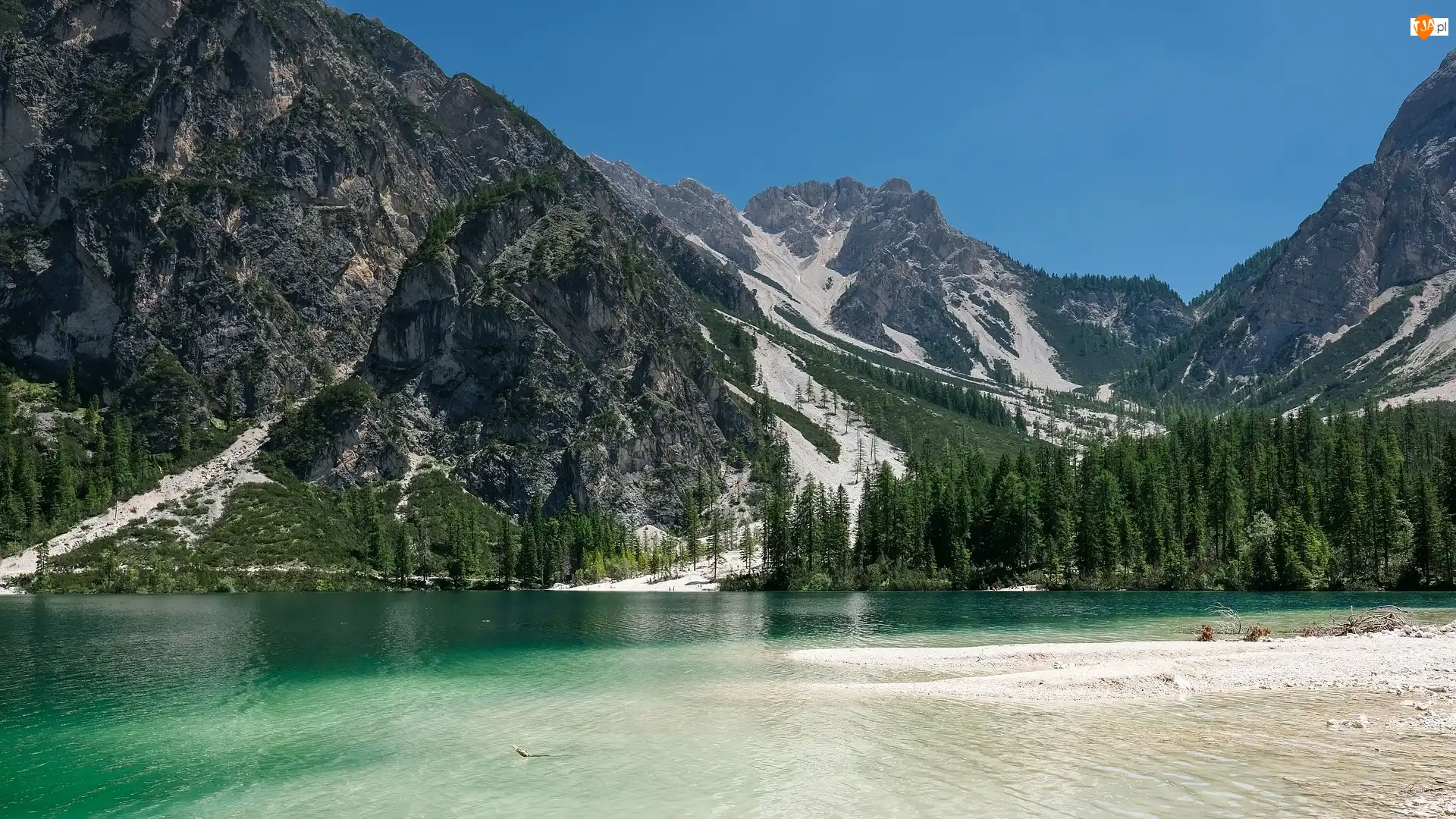 Dolomity, Drzewa, Włochy, Góry, Dolina Val Pusteria, Lago di Braies, Jezioro Pragser Wildsee