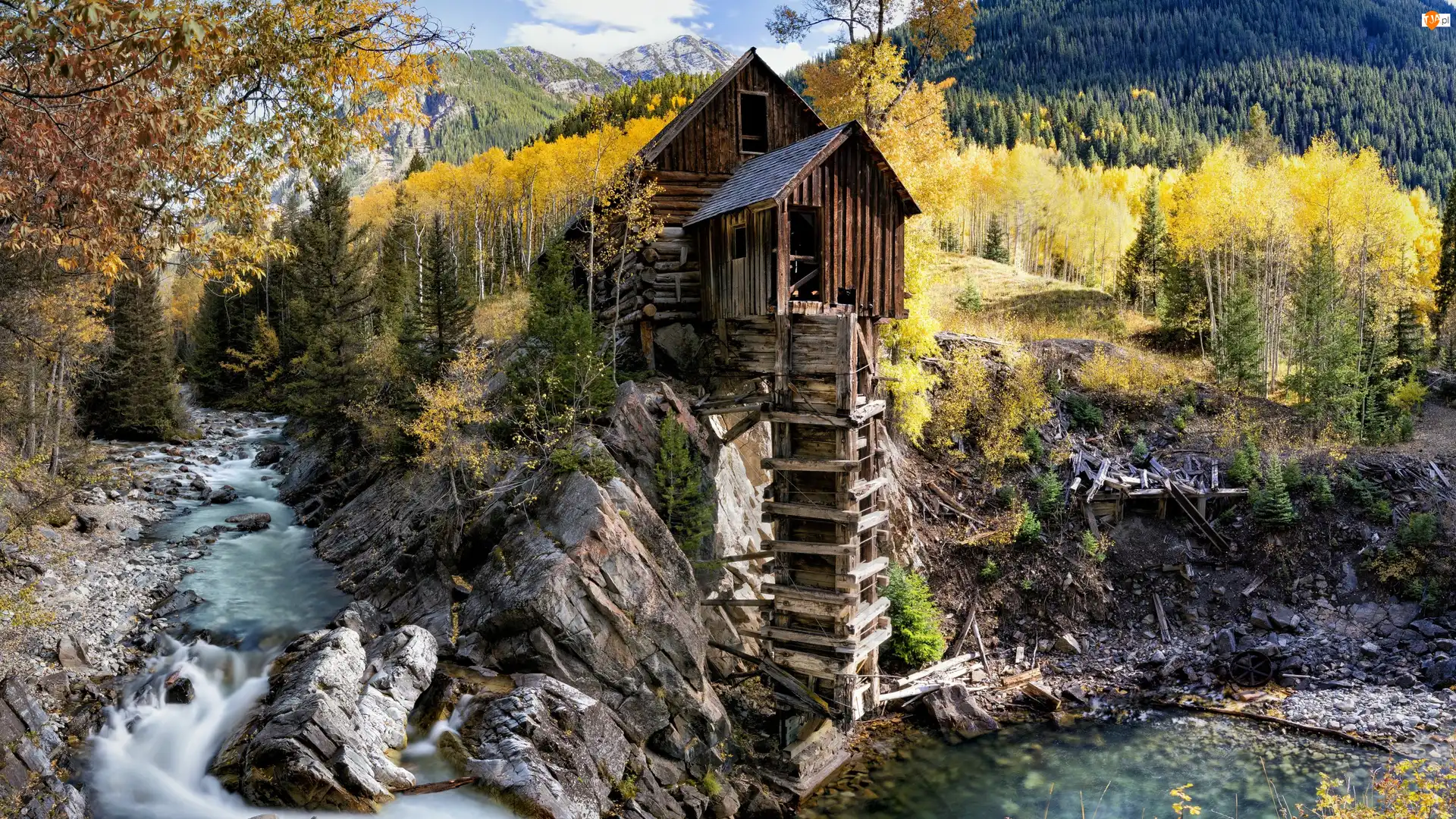 Stan Kolorado, Stany Zjednoczone, Młyn Crystal Mill, Skały, Jesień, Rzeka Crystal River