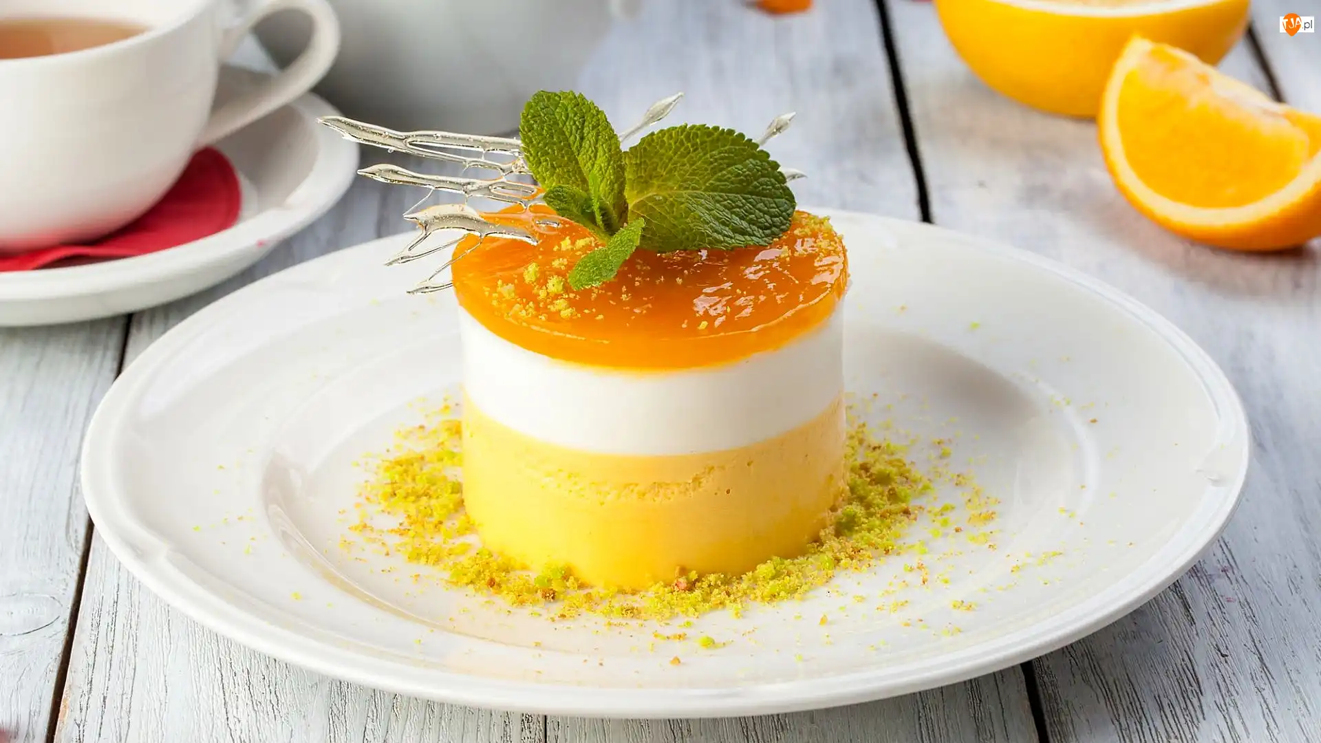 Panna cotta, Talerz, Pomarańczy, Deser, Kawałki, Filiżanka, Herbata