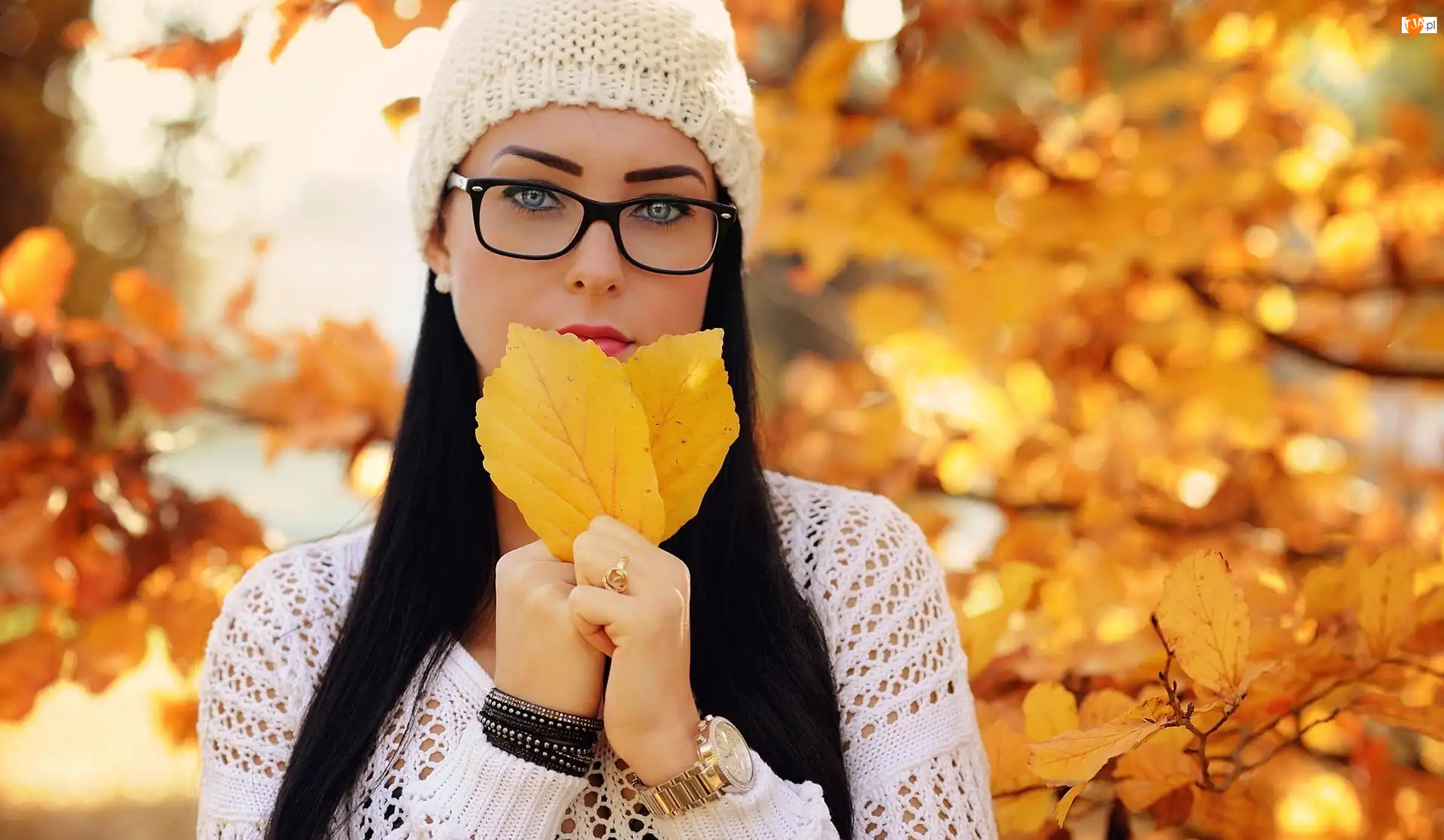 Brunetka, Kobieta, Czapka, Liście, Okulary, Jesień
