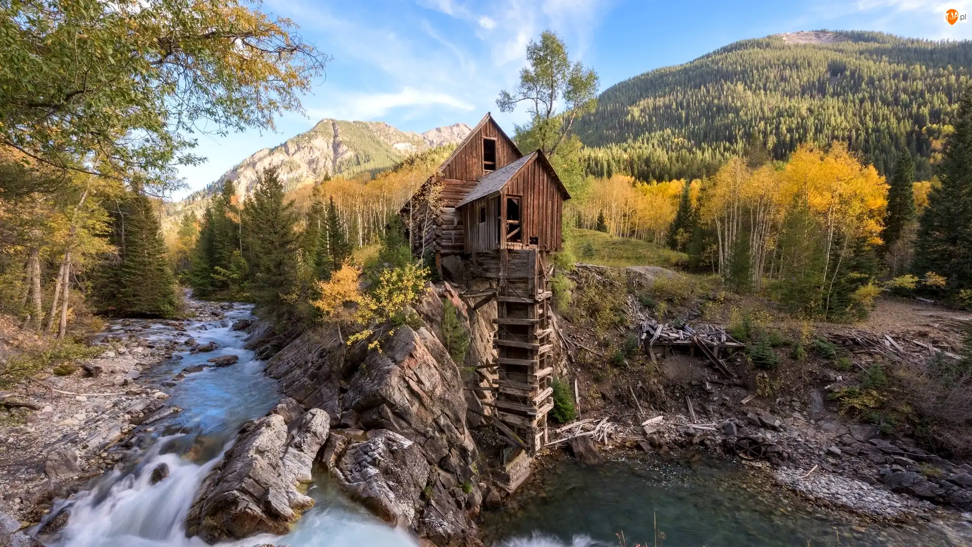 Młyn Crystal Mill, Rzeka Crystal River, Stany Zjednoczone, Jesień, Kolorado, Drzewa, Skały