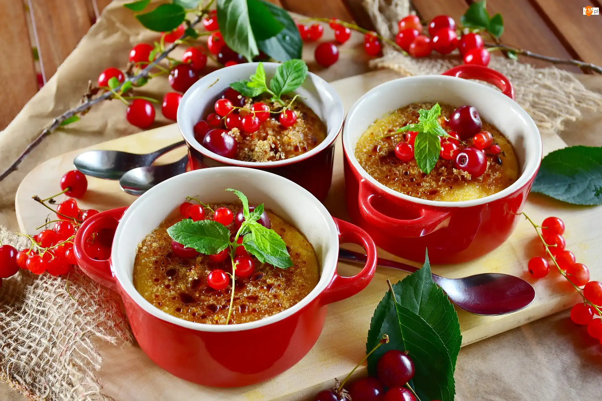 Creme brulee, Taca, Porzeczki, Deser, Kubki, Czerwone, Łyżeczki
