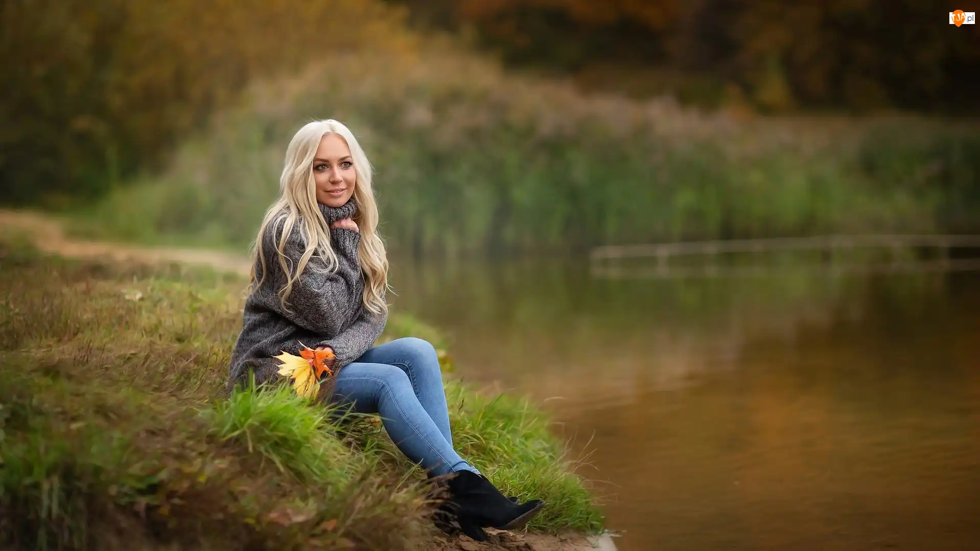 Liście, Kobieta, Blondynka, Staw