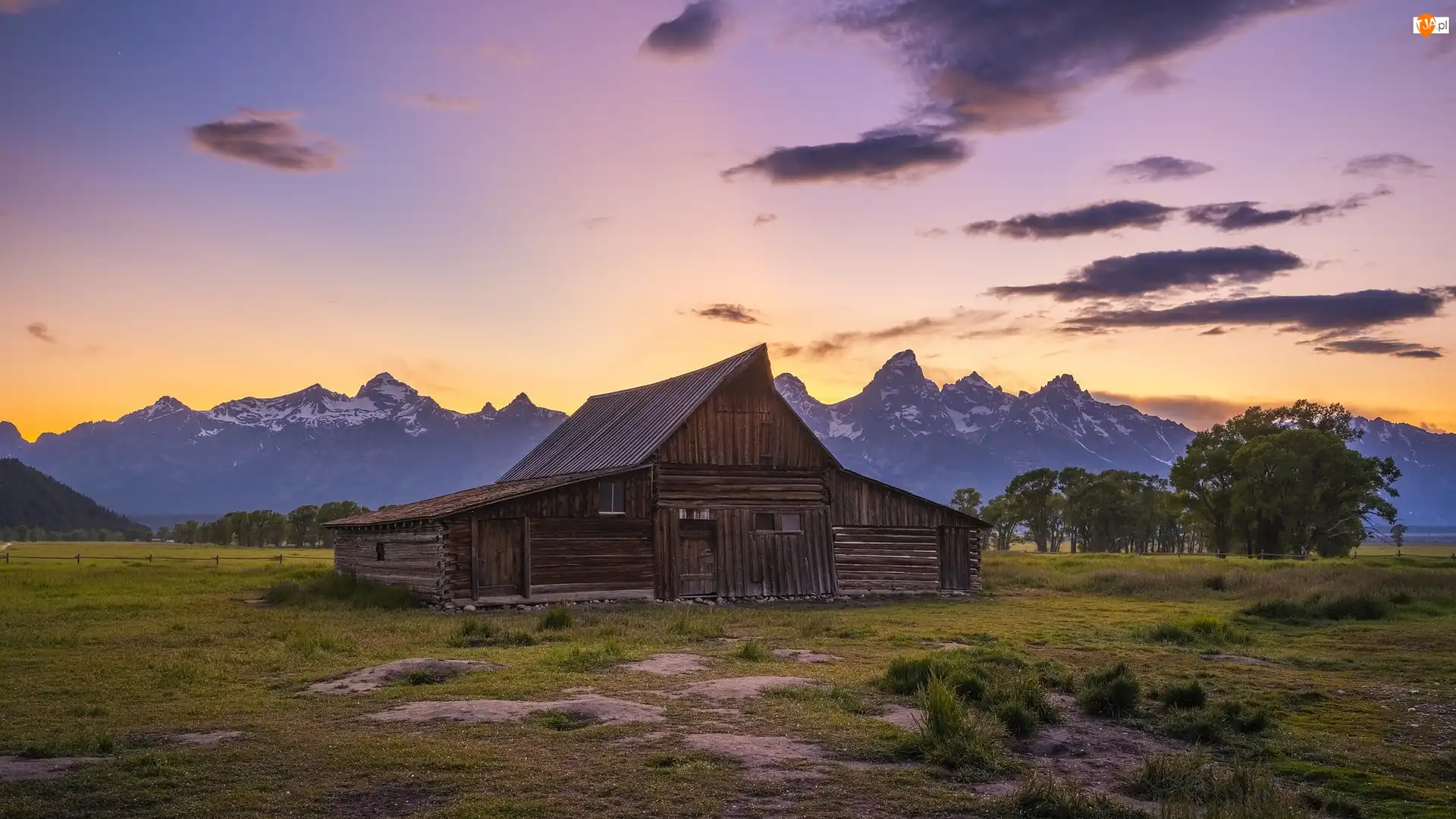 Stany Zjednoczone, Drewniana, Stan Wyoming, Drzewa, Park Narodowy Grand Teton, Chata, Góry, Stodoła, Teton Range