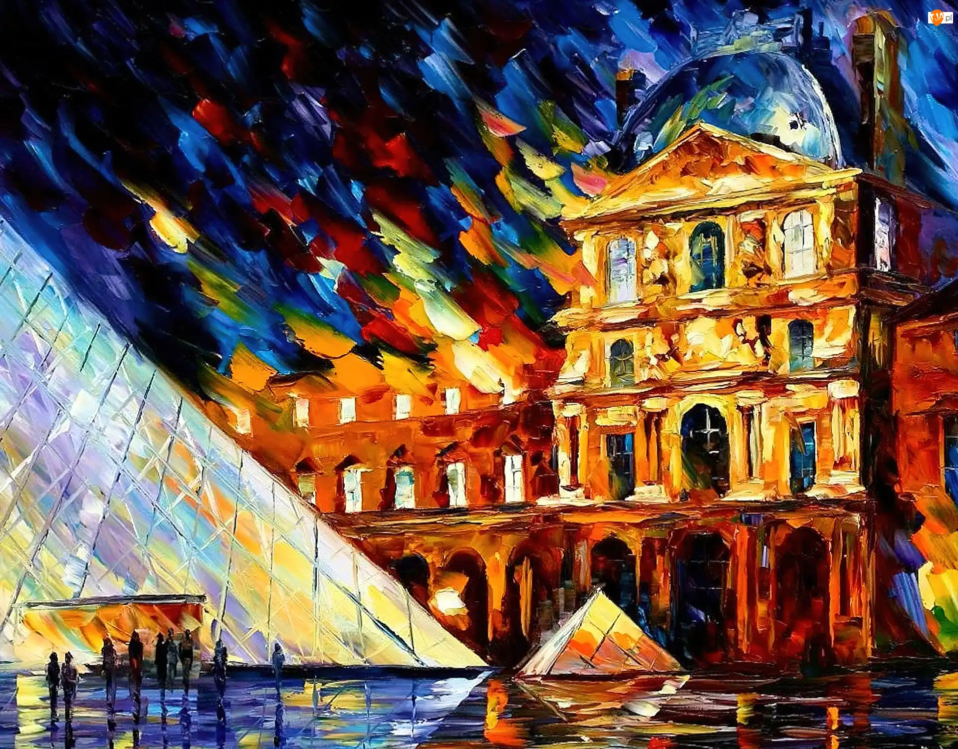 Piramida, Leonid Afremov, Pałac, Francja, Malarstwo, Muzeum Luwr, Paryż, Obraz