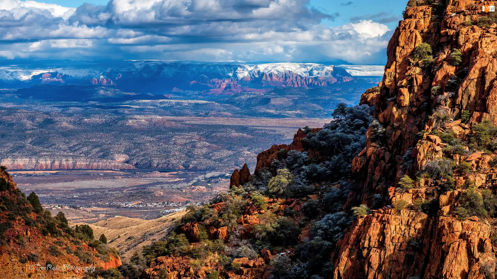 Stany Zjednoczone, Góry, Arizona, Jerome, Sedona, Roślinność, Chmury, Skały, Zachód słońca