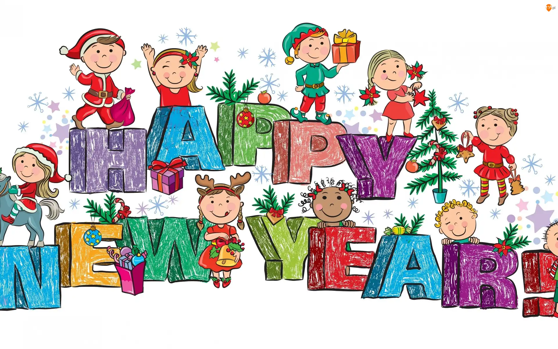 Prezenty, Ozdoby, Happy New Year, Bombki, Wesołe, Białe, Choinka, Sylwester, Napis, Dzieci, Tło