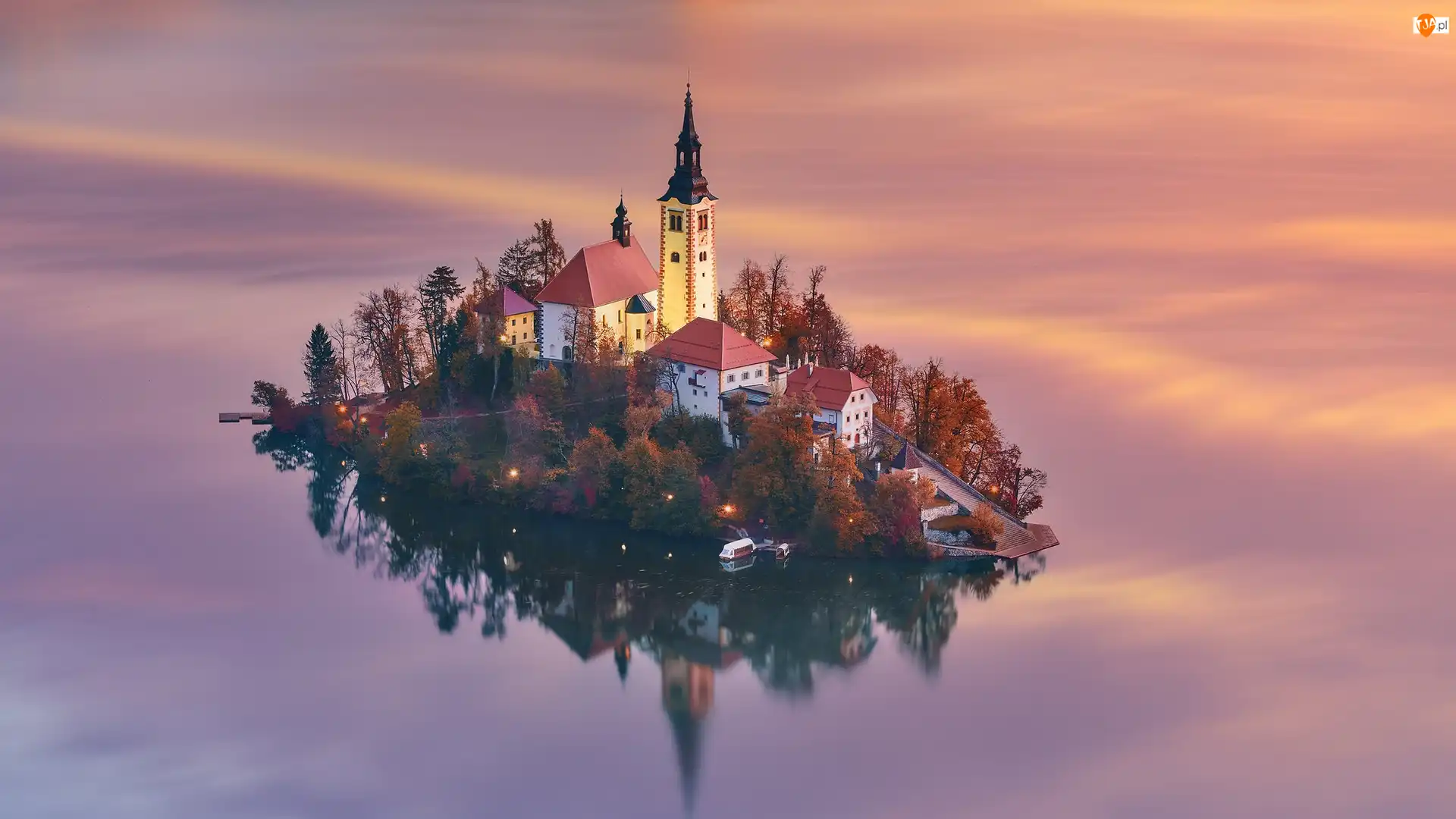 Jezioro Bled, Wyspa, Drzewa, Słowenia, Domy, Kościół, Blejski Otok