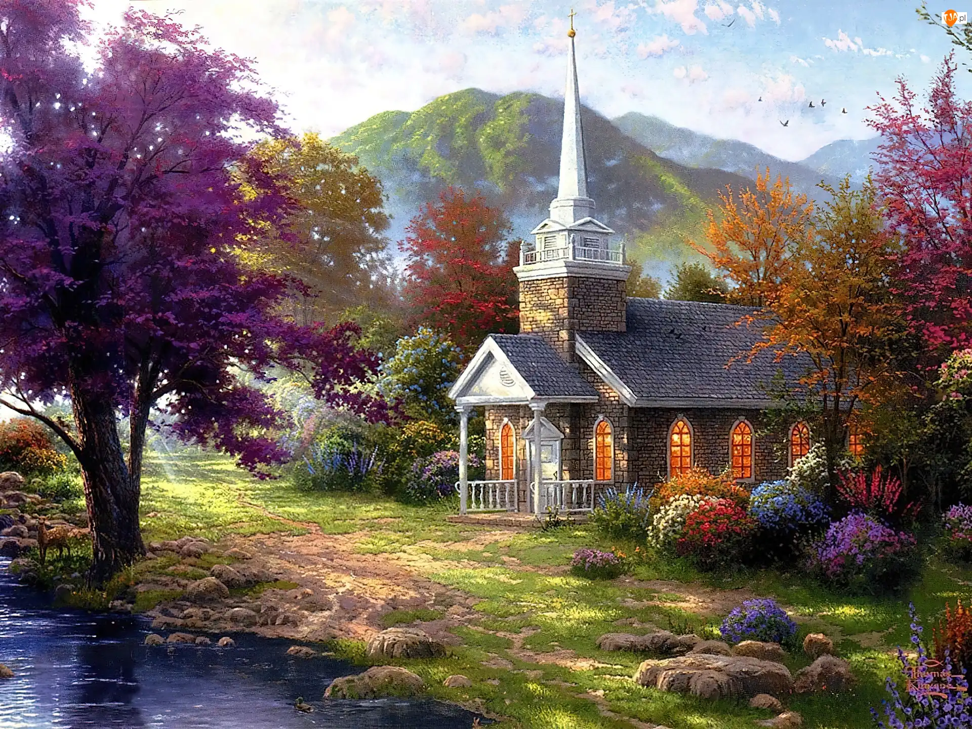 Jesień, Thomas Kinkade, Kościółek, Góry
