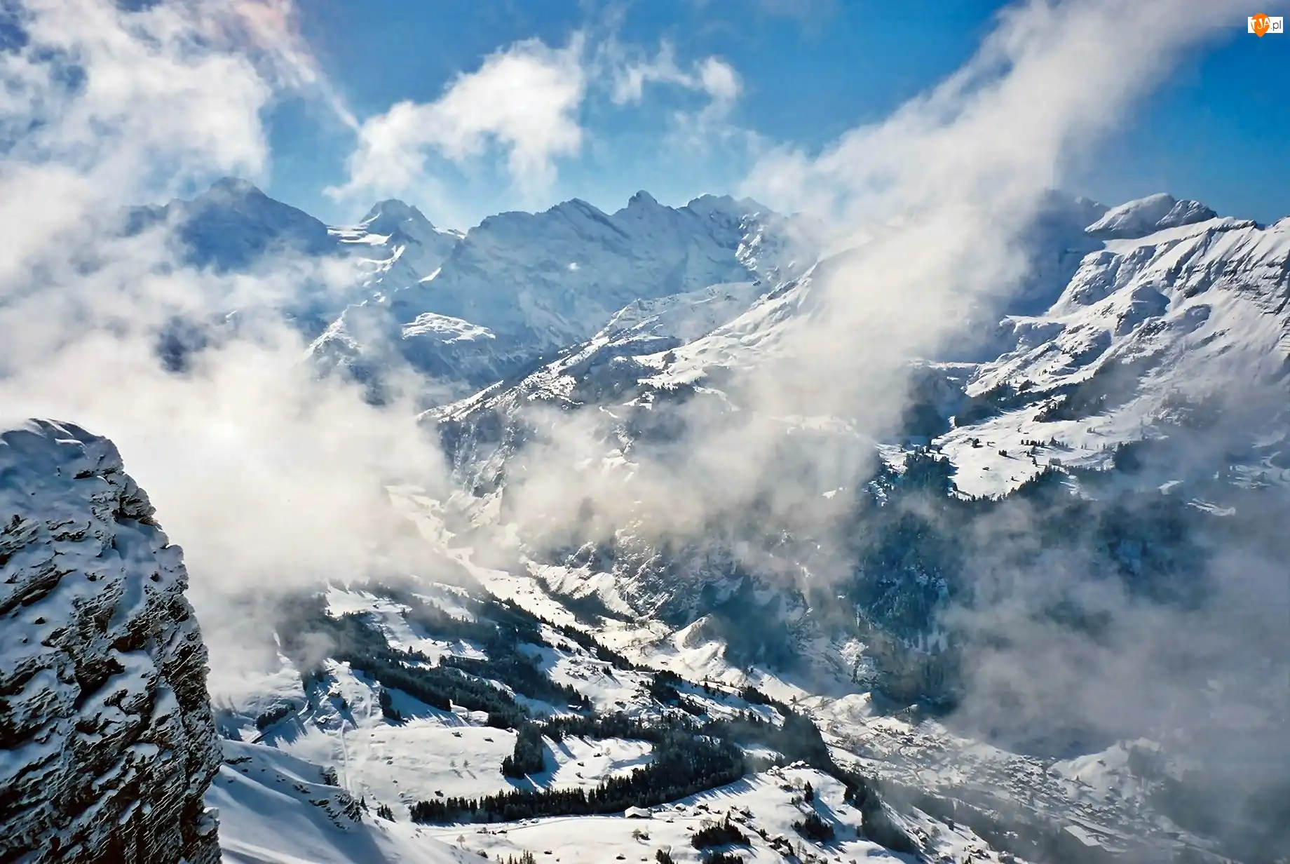 Chmury, Zima, Las, Lauterbrunnen, Góry, Dolina
