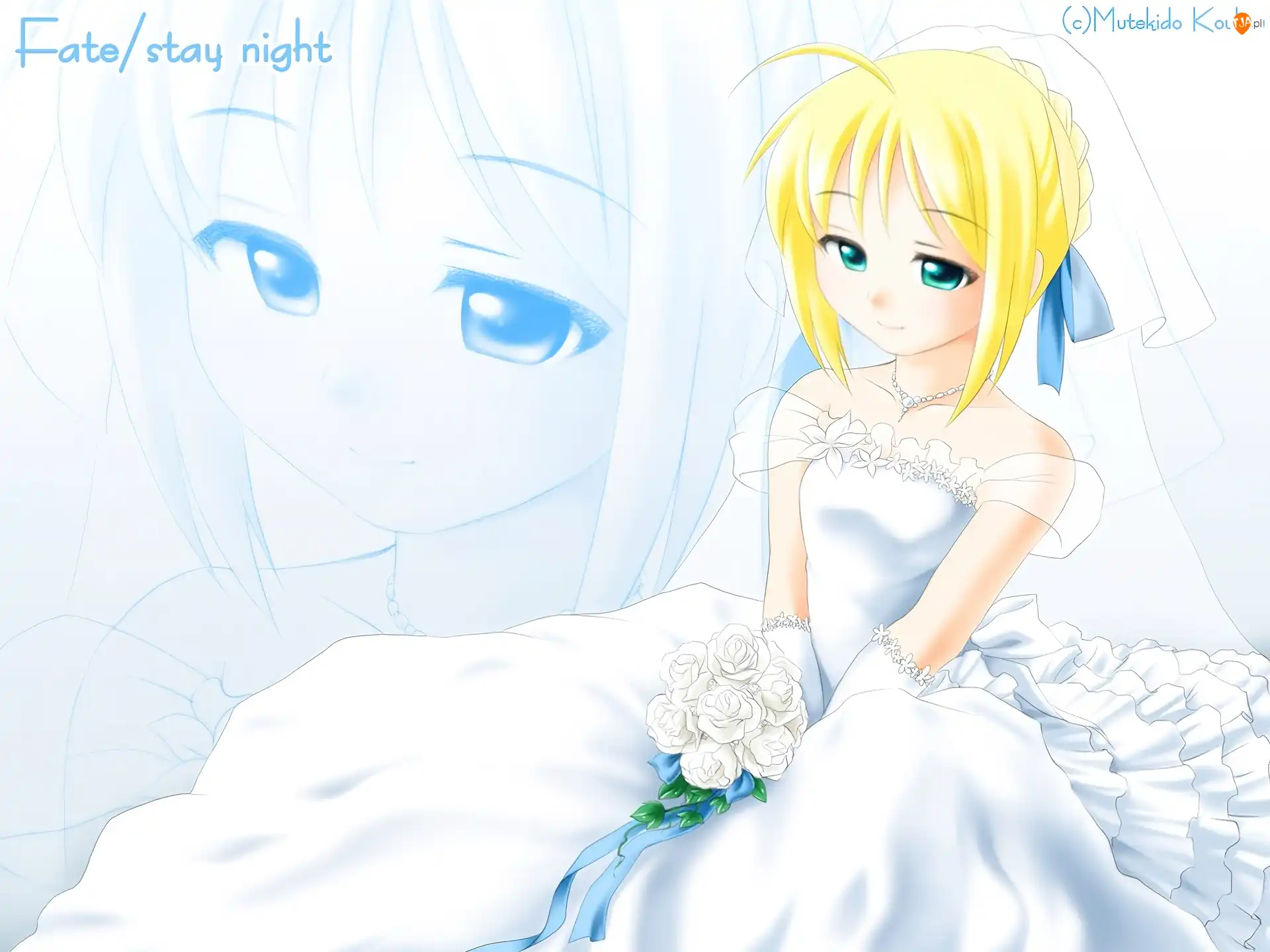Fate Stay Night, kwiatki, dziewczyna, welon, panna młoda