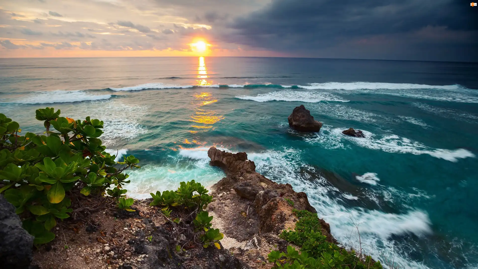 Morze, Zachód słońca, Bali, Indonezja, Skały