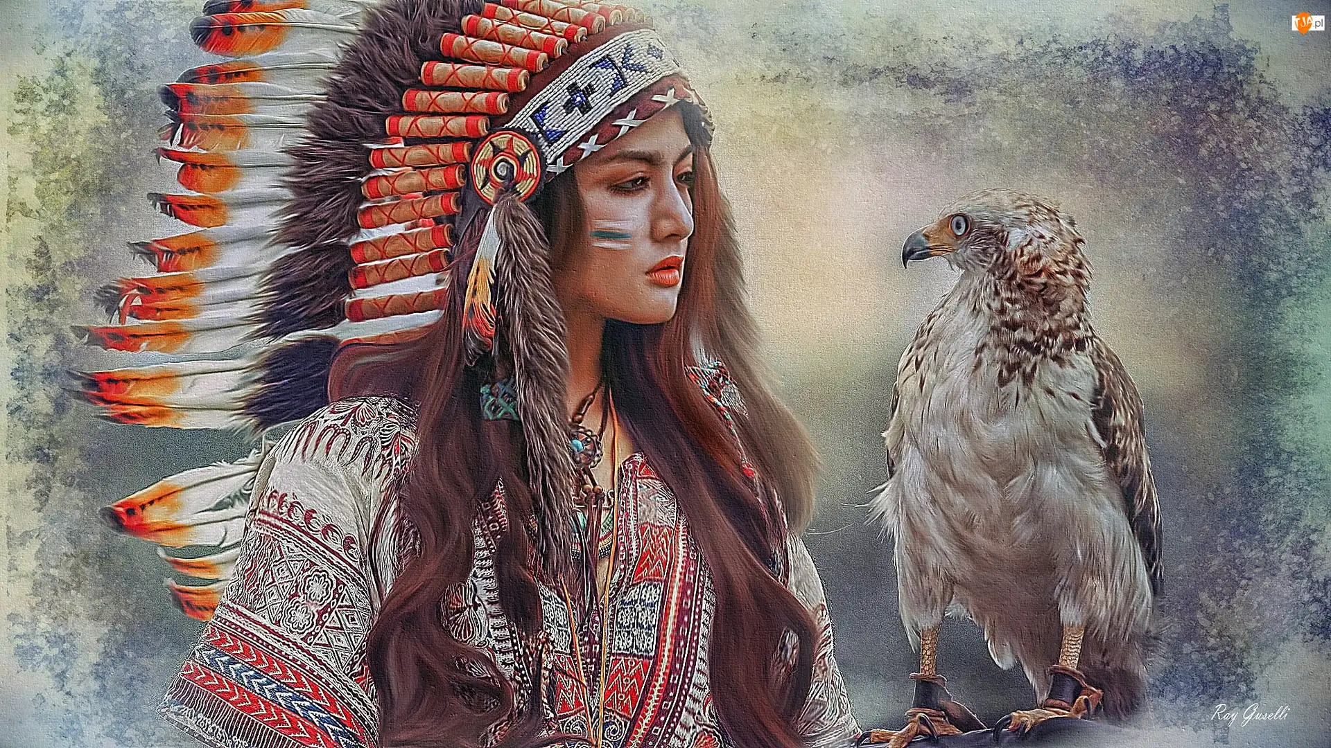 Indianka, Kobieta, Ptak, Grafika, Pióropusz, Sokół