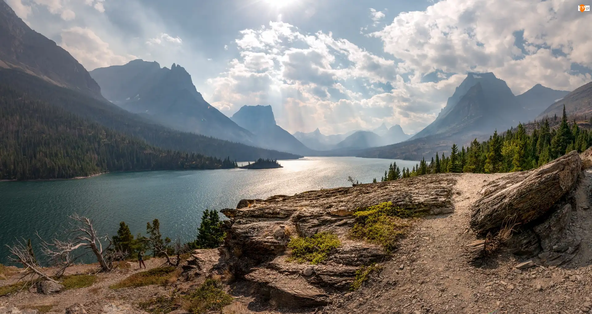 Saint Mary Lake, Jezioro, Park Narodowy Glacier, Stany Zjednoczone, Góry, Montana