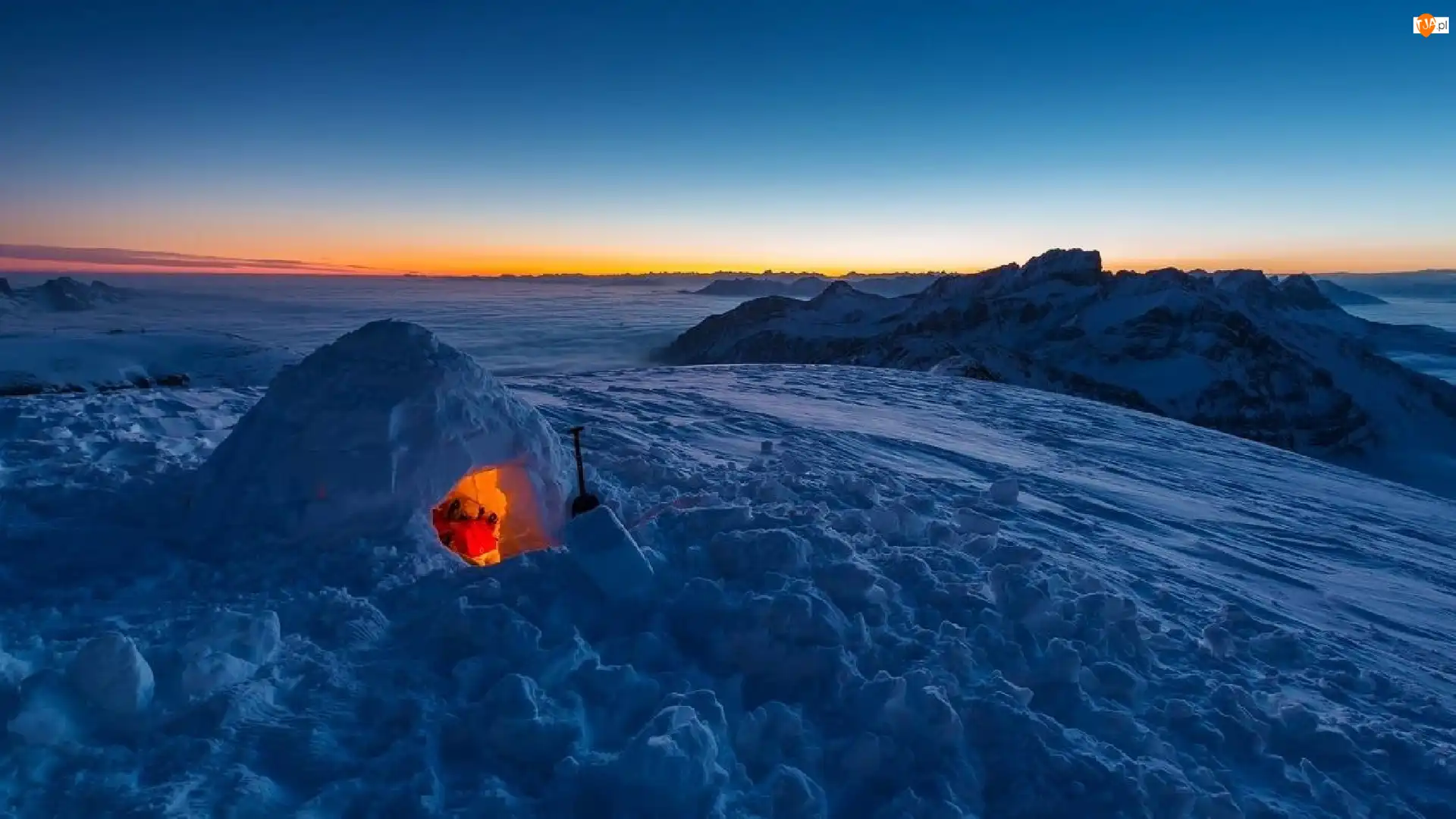 Igloo, Skały, Słońca, Zachód, Śnieg