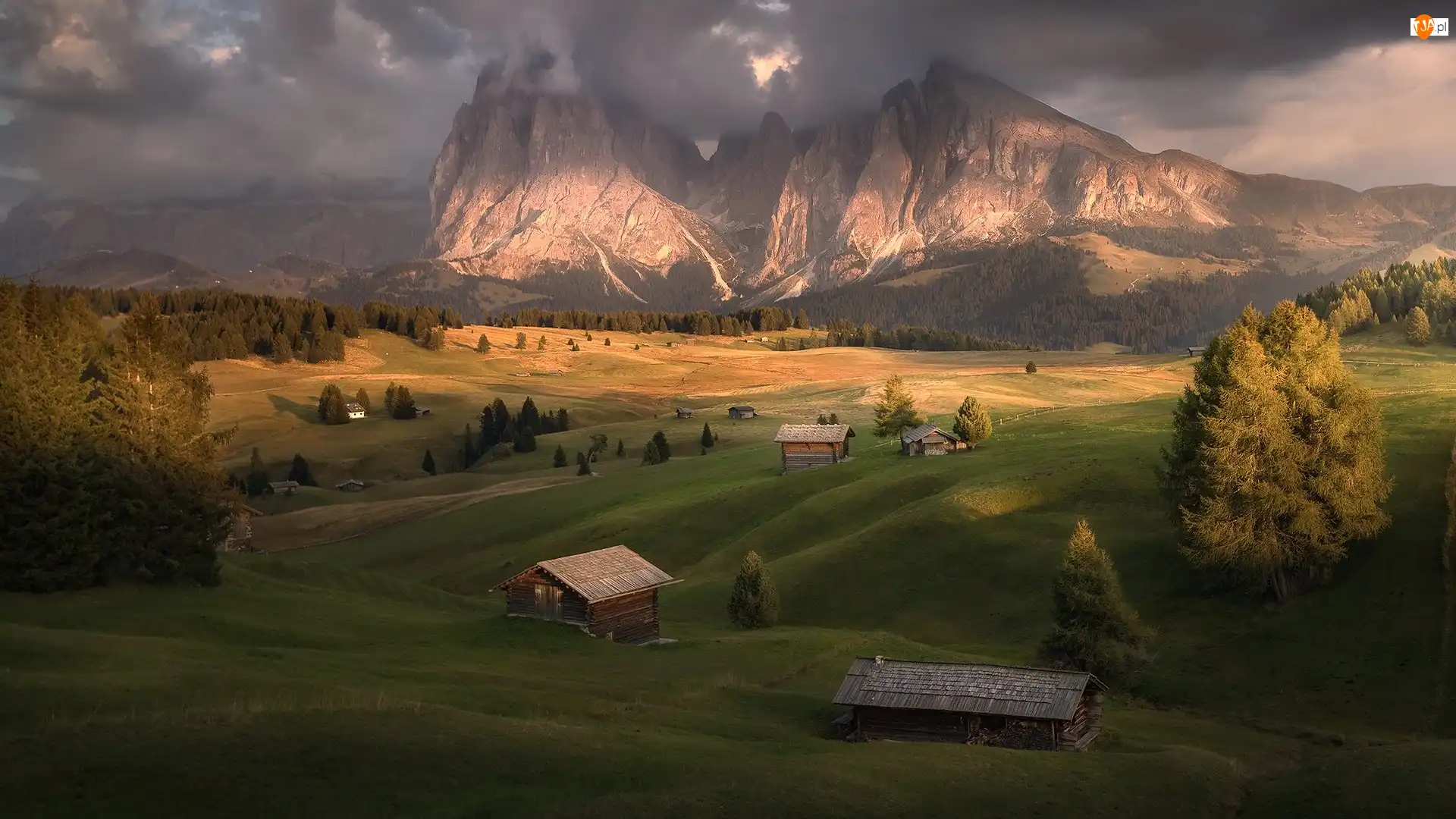 Włochy, Drzewa, Drewniane, Val Gardena, Góry, Dolomity, Płaskowyż Seiser Alm, Sassolungo, Dolina, Domki