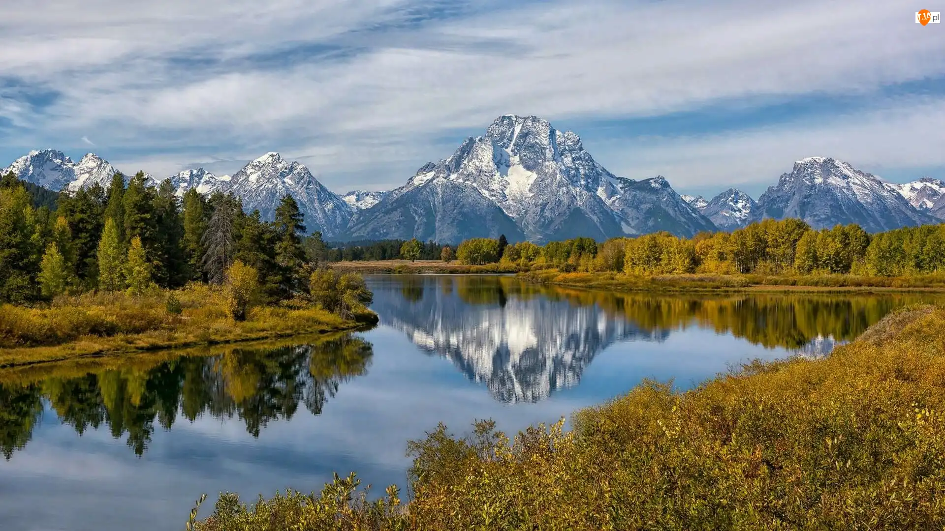 Odbicie, Stan Wyoming, Góry, Jesień, Drzewa, Park Narodowy Grand Teton, Góra Mount Moran, Stany Zjednoczone, Rzeka Snake River