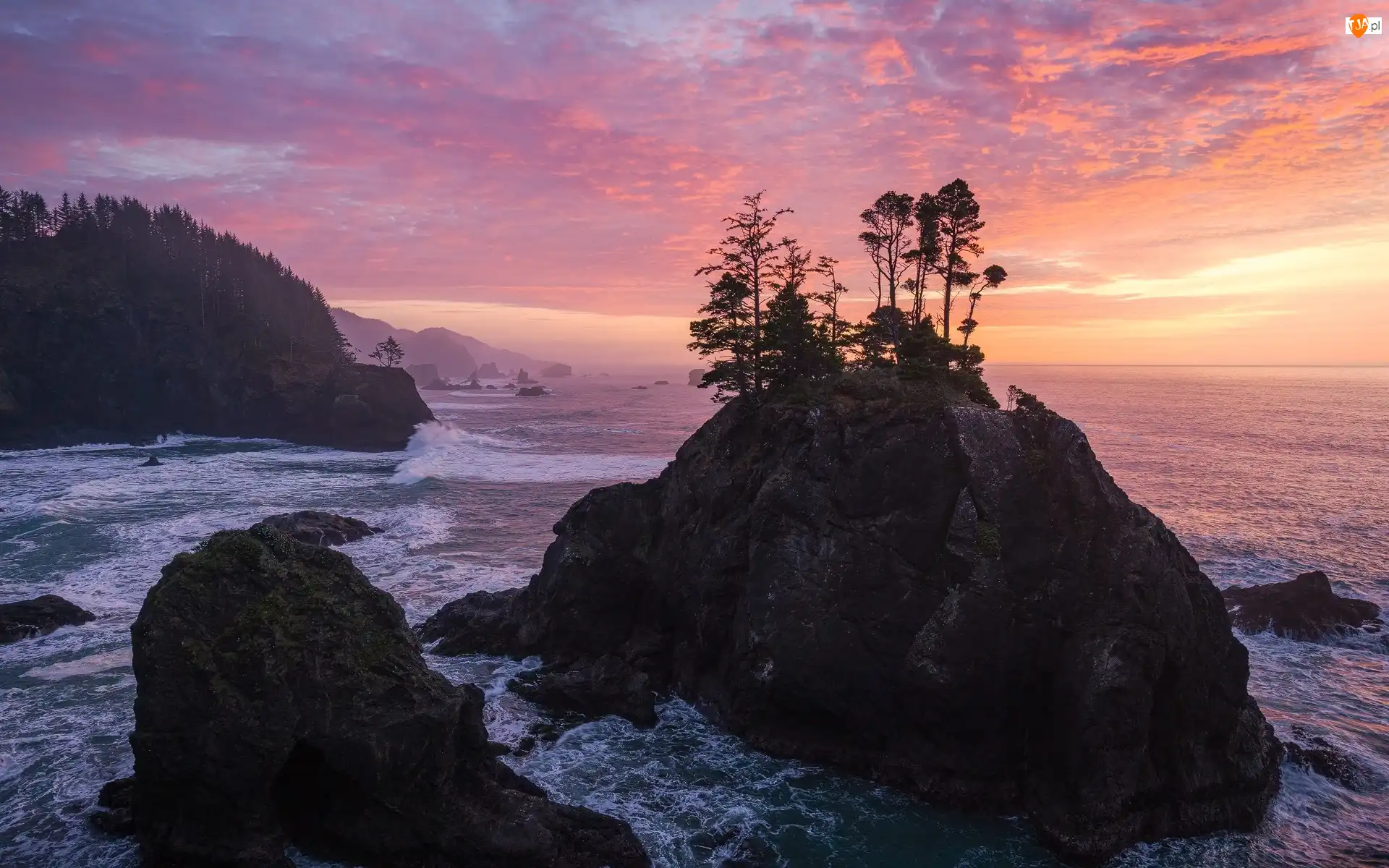 Stany Zjednoczone, Park stanowy, Samuel H Boardman State Scenic Corridor, Chmury, Skały, Morze, Wybrzeże, Drzewa, Wschód słońca, Oregon