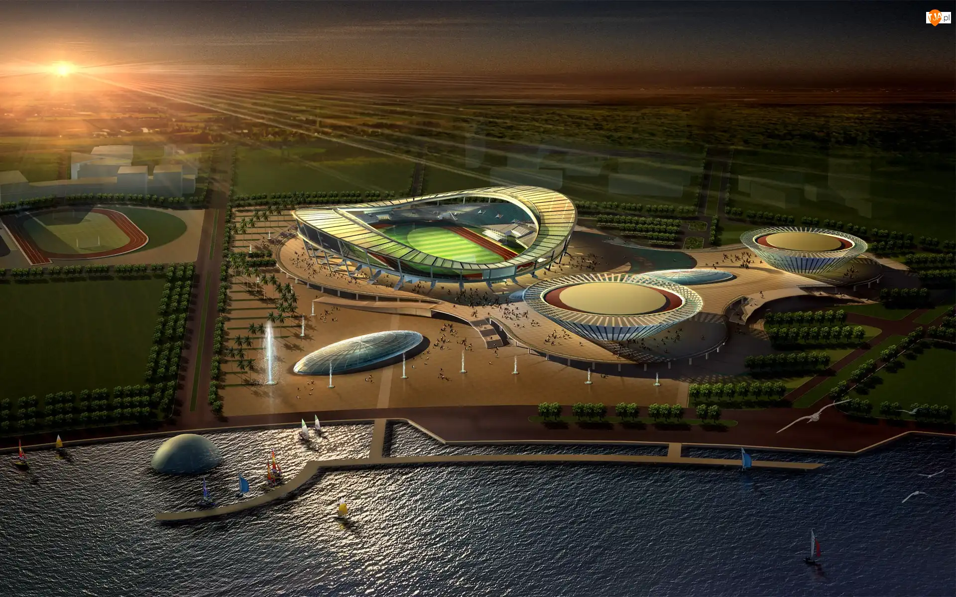 Stadiony, Drzewa, Słońca, Projekt, Zachód, Jezioro, Jachty