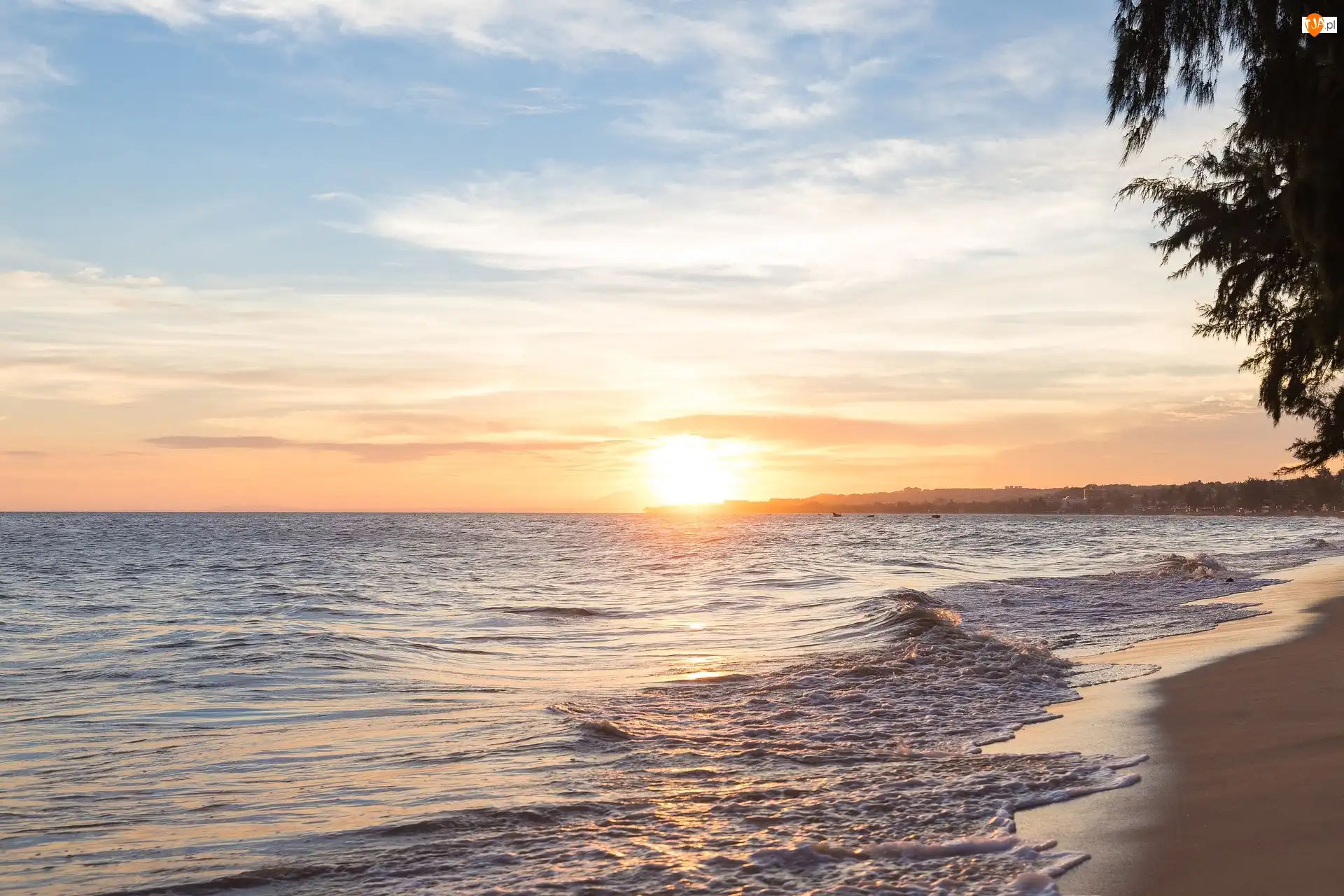 Brzeg, Morze, Zachód słońca, Plaża