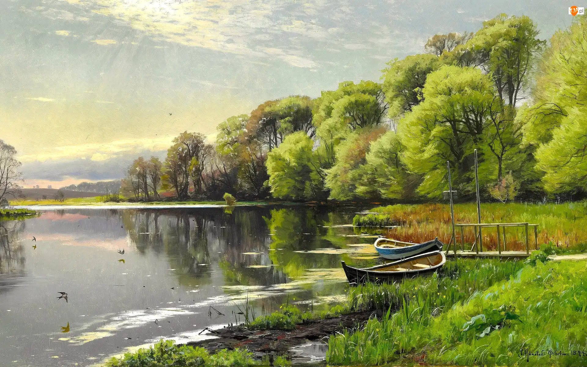 Pomost, Malarstwo, Łódki, Szuwary, Drzewa, Peder Mork Monsted, Rzeka, Obraz, Zarośla