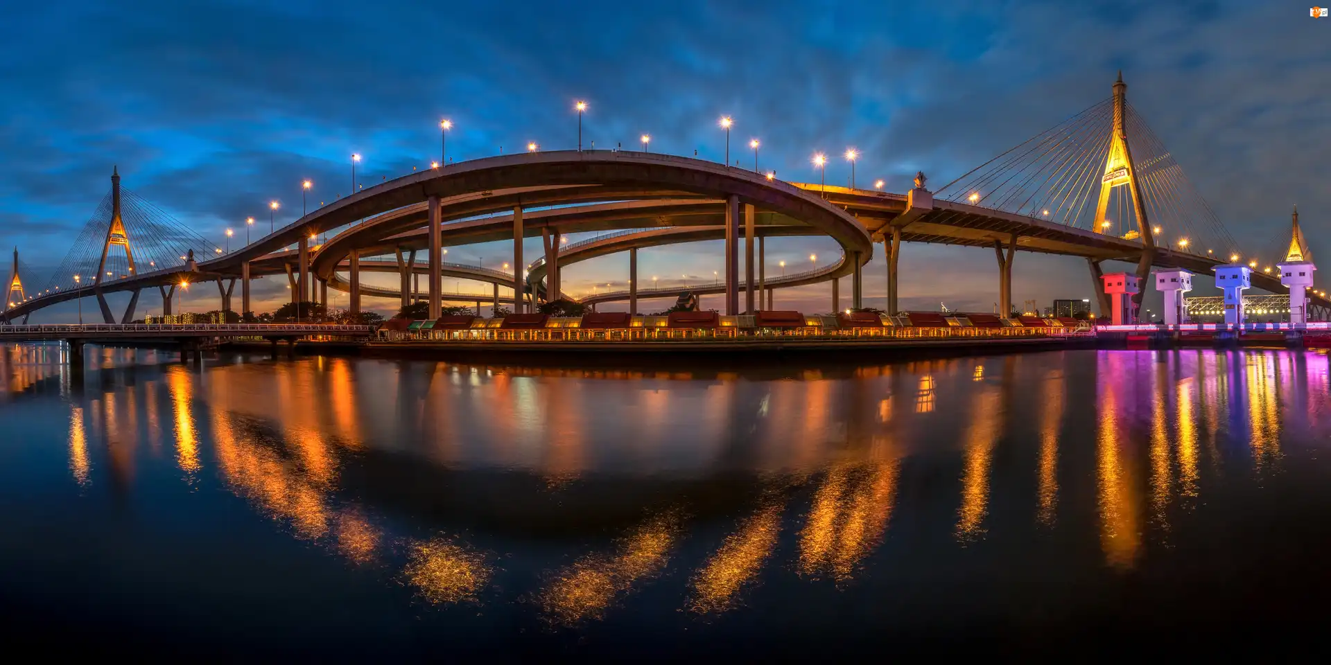 Bangkok, Tajlandia, Bhumibol Bridge 2, Noc, Most, Rzeka Menam