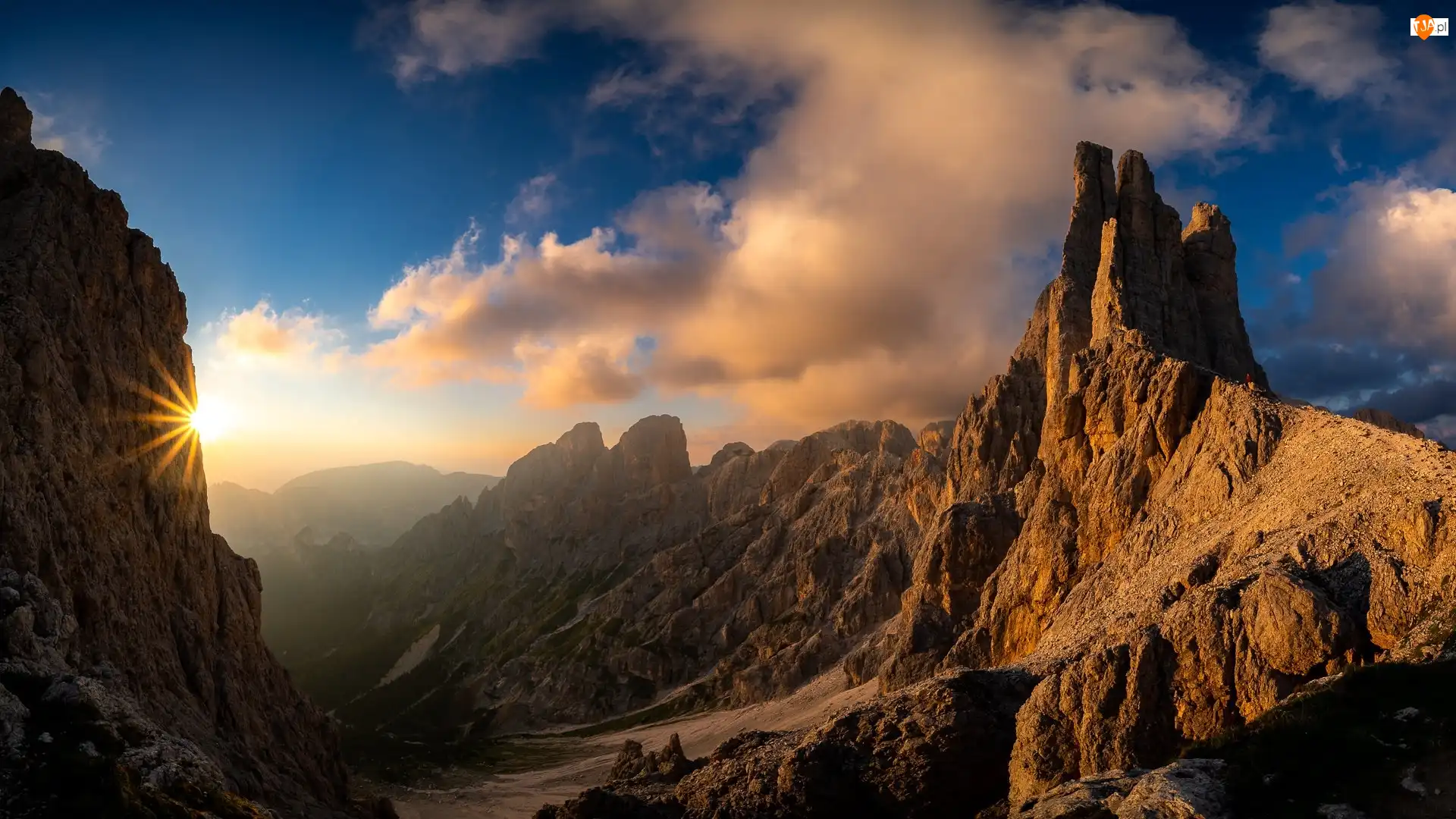 Dolomity, Szczyt, Włochy, Góry, Słońce, Skały, Vajolet Towers