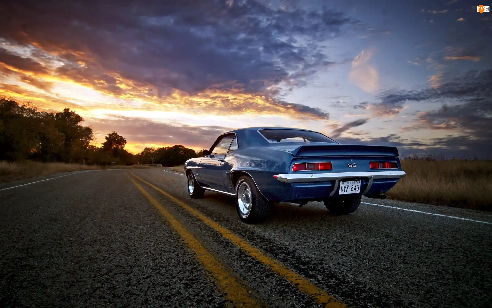 Camaro SS, Chevrolet, Chmury, Słońca, Droga, Zachód
