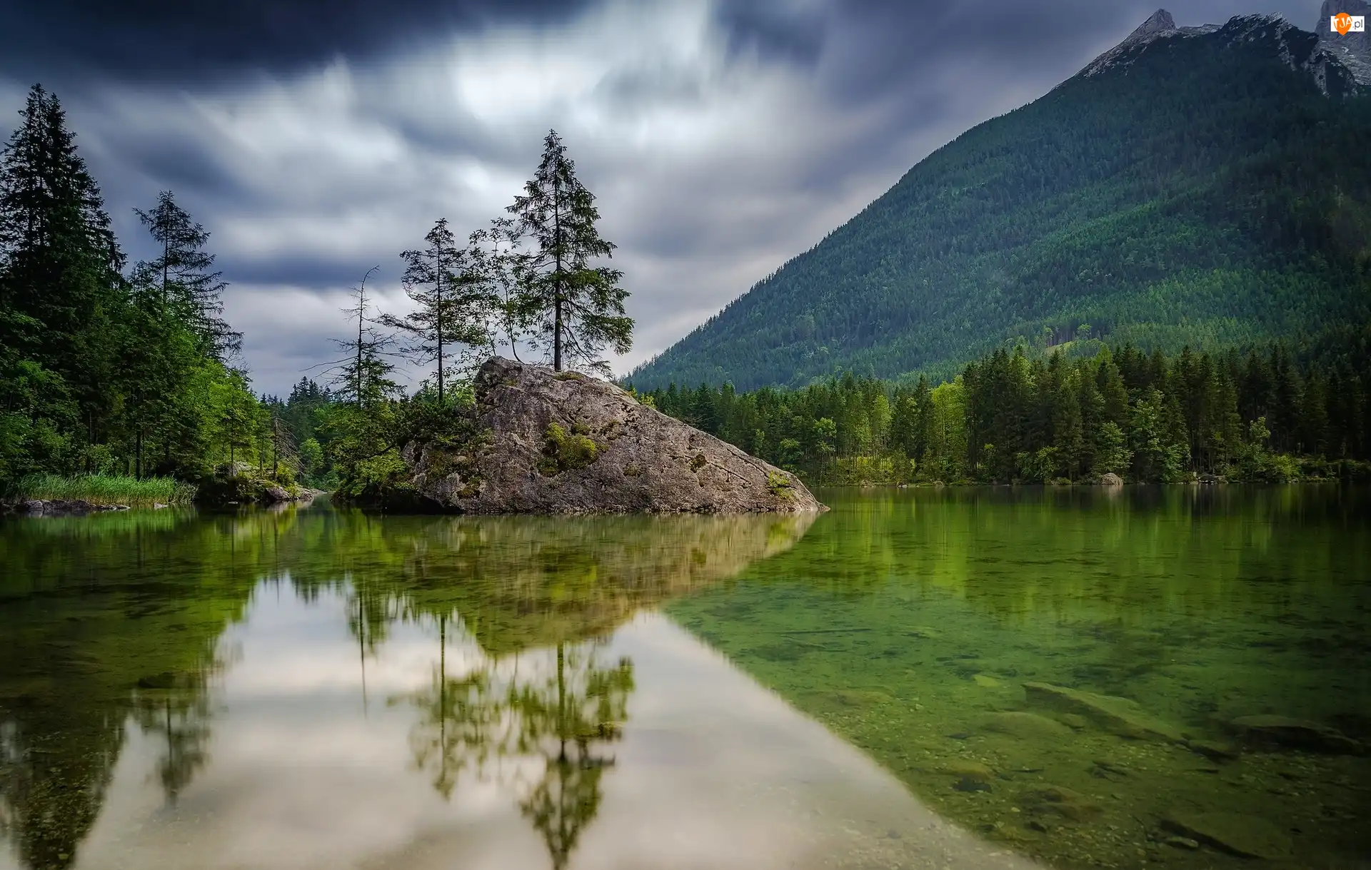 Bawaria, Jezioro Hintersee, Góry Alpy, Odbicie, Niemcy, Drzewa